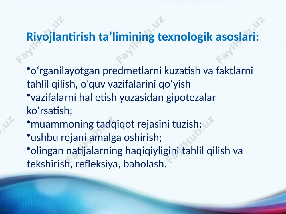 nkov tizimining didaktik tamoyillari: kompleks rivojlantirish tizimini tashkil etish asosida shaxsni maqsadli rivojlantirish; mazmunning tizimligi va yaxlitligi; nazariy bilimlarning etakchi roli; o‘qitishda qiyinchilikning yuqori darajasi; materialni o‘rganishning tez sur’atdakichishi; bolani o‘qitish jarayonini tushunishi; o‘quvchi shaxsining nafaqat oqilona, balki emotsional sohasini o‘qish jarayonida faollashtirish; mazmunda muammoli vaziyatlarni yaratish; o‘qitish jarayonining variativligi, yakka tartibdagi yondashuv; barcha bolalarni rivojlantirish bo‘yicha ishlar. 18 minuslar: ushbu dasturlar mualliflari o‘z ta’lim loyihalarini yakuniga qadar ishlab chiqmagan, shuning uchun bugungi kunda asosiy maktab uchun bironta rivojlantirish tizimlari mavjud emas inson ijodiga asosiy imkoniyatlar erta yoshda yaratiladi va maktab shu ma’noda “tayyor shaxs ” ga ega bo‘ladi. o‘qituvchilarga o‘quvchilarni tanqidiy, ijodiy fikrlashni o‘rgatish taklif etilmoqda, ammo bu hali maktabda ijodiy va tanqidiy fikrlashni rivojlantirish mumkin ekanmi degan savol tug’iladi. 3) tug‘ilganidan sust dinamik harakatlarga ega bolalar bilan butun sinf uchun yagona sur’atda, yoppasiga ish olib borish to’ri bo‘lmaydi. shu bois barchani tez sur’atda va yuqori darajada o‘qitish talablari …