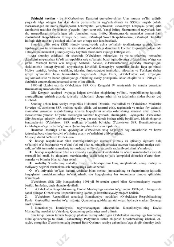 xususan o’zbekiston hayotida muhim ahamiyat kasb etadi. nima uchun? totalitar tuzum davrida davlat mamlakat boshqaruv tizimidan tortib alohida-alohida shaxslarning kundalik turmushiga va istiqbo-liga daxldor bo’lgan har qanday katta-kichik masalalarni hal etishni o’z zimmasiga olgani uchun mehnatkash xalq moddiy va fikriy boqimandalik kayfiyatiga duchor bo’lgan edi. u faqat ishlash huquqiga ega edi, xolos. mehnat deb atalgan hissiz mashinaning murvatiga aylanib qolgan edi. ertadan kechgacha mehnat qilasan, mehnating-ga yarasha ochdan o’lmaslikka u etadigan haqqingni olasan, tamom-vassalom. bu - sobiq ittifoqda qonun kuchiga ega bo’lgan davlat siyosati edi. odamzod shunchaki ishlar, shunchaki umr kechirardi, xolos. tiriklik degan buyuk ne’matning, hayot degan oliy tushun-chaning mag’zini chaqishga o’zida rag’bat ham, ehtiyoj ham sezmas edi. binobarin, aql bilan ish tutish, voqelikni idrok qilish, bunyod etish, yaratish, ijodkorlik tuyg’ulari butunlay so’ndirilgan edi. shuning uchun ham mamlakat taraqqiyoti sustlashib, odamlar turmush darajasi pasayib borardi. 2. o’zbekistonning iqtisodiy mustaqillik va siyosiy suvereniteti uchun amaliy xarakatlar. xx asrning 90-yillariga kelib …