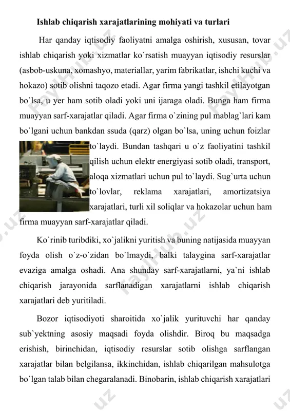 atlarni tashkil etadi. bilvosita xarajatlar deb ishlab chiqarishni tayyorlash va o`zlashtirish, dastgohlarni saqlash va ekspluatatsiya qilish, tsex, umumkorxona va ishlab chiqarishdan tashqaridagi xarajatlarga aytiladi. ishlab chiqarishni tayyorlash va o`zlashtirish xarajatlariga quyidagilar kiradi: -yangi ishga tushirilgan korxonalarni o`zlashtirish va foydasini ta`minlash bilan bog`liq xarajatlar; -yangi turdagi mahsulot, ilg`or texnologik jarayonlarni tayyorlash va o`zlashtirish uchun sarflangan xarajatlar; -yangi, unumli texnikani yaratganligi uchun mukofot fondi ajratmalari va boshqalar. dastgohlarni saqlash va ekspluatatsiya qilish xarajatlariga dastgohlarni joriy sozlash, tsex transporti, ish joylarining amortizatsiyasi, tsex instrumentlarini tiklash va moslash bilan bog`liq bo`lgan xarajatlar kiradi. sex xarajatlari deyilganda, tsexni boshqaruvchi xodimlarning ish haqi fondi va ijtimoiy muhofaza uchun ajratmalar, uni isitish, yoritish, suv va kanalizatsiya tarmoqlari bilan ta`minlash, ilmiy tadqiqotlar o`tkazish va hokazolar bilan bog`liq xarajatlar tushuniladi. umumkorxona xarajatlari korxonani boshqarish bilan bog`liq bo`lgan xarajatlar yig`indisidan iborat bo`lib, ularga quyidagilar kiradi: -boshqarish xarajatlari; -umumxo`jalik xarajatlari; -to`lov va ajratmalar. boshqarish xarajatlari quyidagilardan iboratdir: -zavod boshqarmasi, bo`limlar xodimlarining …