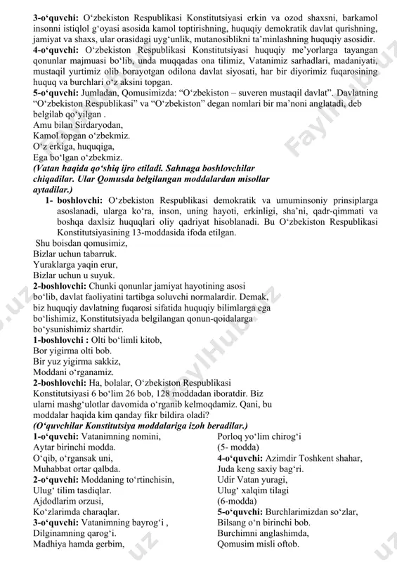 abu nasr farobiy, abu ali ibn sino, najmiddin kubro, amir temur, alisher navoiy, zahiriddin muhammad bobur kabi buyuk alloma va sarkardalarga ega bo‘lgan tarixiy yurt sanaladi. ularning hayot yo‘li va ilmiy meroslarida mehr-oqibat, imon va insof, mehrshavqat va rahmdillik, o‘zaro hurmat, yuksak vatanparvarlik, millatlararo totuvlik va bag‘rikenglik kabi eng ardoqli fazilat va g‘oyalarga alohida e’tibor qaratilgani fikrimizning yaqqol dalilidir. ma’lumki, konstitutsiyamizda milliy qadryatlar bilan umuminsoniy xususiyatlar o‘zaro uyg‘unlashgan. konstitutsiyamiz qabul qilingandan buyon o‘tgan yillarning eng muhim yutug‘i xalqimizning tanlagan yo‘li to‘g‘riligi, mamlakatning buyuk kelajagiga ishonchi ortib borayotganida ko‘rinadi. mana shu muddat ichida unga bir necha o‘zgartirish va qo‘shimchalar kiritildi. bu esa, konstitutsiyamizning huquqiy jihatdan yanada takomillashtirishi va mustahkam bo‘lishini ta’minladi. shuningdek, yuksak ma’naviy-axloqiy qadryatlar va milliy an’analarning hayotga tadbiq etilishi jamiyatimizning yangilanishiga ko‘maklashib, mamlakatimiz yoshlarida yangicha turmush tarzi va yangicha tafakkurni shakllantirmoqda. asosiy qonunimiz yoshlar ongida mustaqillik, erikinlik, qadr-qimmat, mas’uliyat, o‘z manfaatlarini yurt manfaatlari bilan uyg‘un holda ko‘rish kabi ezgu …