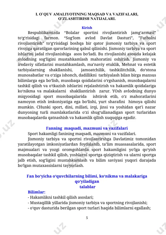anish. 6 tarqatma materialar, testlar, pedagogik texnologiyalar va mavzuga oid ko`rgazmali qurollar compyuter, video proektor, kodoskop va boshqa texnik vositalar. slaydlar, plakatlar, multimediya jihozlari va turli texnologik jihozlar. jn.savol -javob, berilgan vazifani tekshirish, blits so`rov, test. 2. mavzu: maktab dasturidagi sport turlariga tasnifnoma. amaliy mashg`ulot mazmuni: futbol sport o‘yini bo‘yicha hakamlik ishini tashkil qilinishi tahlili va hakamlik jarayonini tashkil qilish. futbol: o‘yinda to‘pni qabul qilish va to‘xtatish usullari. 2 tarqatma materialar, testlar, pedagogik texnologiyalar va mavzuga oid ko`rgazmali qurollar compyuter, video proektor, kodoskop va boshqa texnik vositalar. slaydlar, plakatlar, multimediya jihozlari va turli texnologik jihozlar. jn.savol -javob, berilgan vazifani tekshirish, blits so`rov, test. 3. mavzu: hakamlikdan umumiy qoidalar, sport turlari bo‘yicha yuqori bilim saviyasiga ega bo‘lish, musobaqa qoidalarini bilish va unga qat’iy rioya qilish. amaliy mashg`ulot mazmuni: jarima to‘pini to‘pish usullari. burchak to‘pini tepish usullari. futbol o‘yinida autdan to‘pni o‘yinga kiritish va hujum tashkil qilish. 6 tarqatma materialar, testlar, pedagogik …