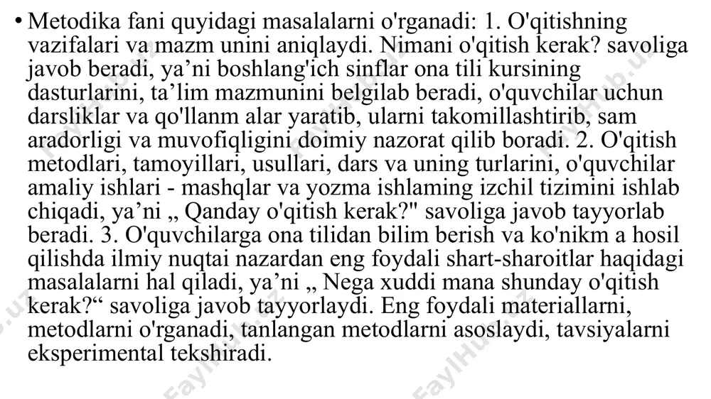 allaydilar. savod o‘rgatish jarayoni analitik-sintetik (tahlil-tarkib) tovush metodida savod o'rgatish jarayoni 4 oy davom etadi. bu jarayon quyidagi 2 davrga bo'linadi: a) alifbogacha tayyorgarlik davri (2 hafta); b) alifbo davri (31 dekabrgacha davom etadi). alifbogacha tayyorgarlik davri. bu davrning asosiy vazifasi o'quvchilarni maktab, sinf, tartib-intizom qoidalari va o'quv qurollari bilan tanishtirish, nutq o'stirishga oid mashqlar o'tkazib, fonematik eshitishni o'stirishdan iboratdir. alifbogacha tayyorgarlik davri, o'z navbatida, quyidagi 2 bosqichga bo'linadi: 1. harf o'rganilmaydigan bosqich (1 hafta). 2. unli tovush va harf о 'rganiladigan bosqich (1 hafta). 1-bosqichda o'quvchilarga og'zaki va yozma nutq haqida, gap, so'z, bo'g'in va tovushlar haqida, nutqning gaplardan, gaplarning so'zlardan tuzilishi, so'zlam ing bo'g'inlarga bo'linishi, bo'g'inlarning tovushlardan tashkil topishi haqida m a’lumot beriladi, tovushlarning unli va undosh tovushlarga ajratilishi o'rgatiladi, ulardan amaliy foydalana bilish ko'nikmalari hosil qilinadi. o'nikm alar hosil qilinadi. 2-bosqichda unli tovushharflar o'rgatiladi. bunda ularning quyidagi uch xususiyatini o'quvchilar amaliy ravishda puxta egallashlariga erishish lozim: a) …