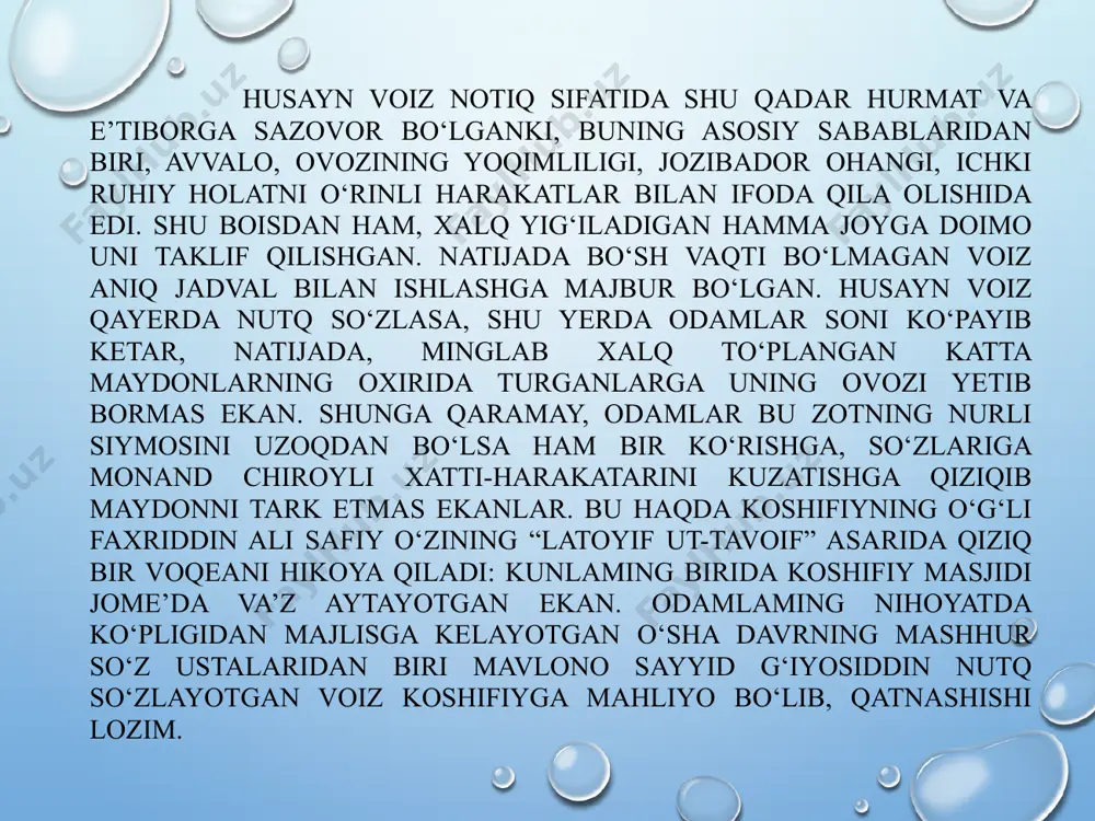ustoz oldida boshqalarni g‘iybat qilmaslik; • o‘tirib turishda hurmat saqlash. 1-topshiriq. husayn voiz koshifiyning nutq odobi haqidagi qarashlarini daftaringizga ko‘chirib yozing va mazmunini izohlang. 2-topshiriq. “axloqi muhsiniy”, “futuvvatnomai sultoniy” ikki asarni birgalikda o‘rganib, so‘z san’ati va so‘zlovchi madaniyatini tahlil qiling va bu tahlil orqali so‘zning ta’sirini va uning axloqiy maqsadlar uchun qanday ishlatilishini aniqlang. 3-topshiriq. navoiy va koshifiyning nafs va ma'naviyatga bo‘lgan qarashlari qanday umumiy xususiyatlarga egaligini asoslab yozing. o‘quvchilar nutqini o‘stirishda va dunyoqarashini kengaytirishda badiiy asarlarning o‘rni nimada? savol va topshiriqlar: 1. husayn voiz koshifiy qayerlarda tahsil olgan, hirotga kelishiga kim sabab bo‘lgan? 2. koshifiy asosan qaysi fanlami chuqur o‘rgangan, uning xalq o‘rtasida mashhur bo‘lgan asarlarining nomlarini ayting. 3. navoiy va koshifiy o‘rtasidagi o‘zaro do‘stlik va ilmiy hamkorlik munosabatlari haqida qanday fikrdasiz? 4. husayn voiz koshifiy va’zlarining shuhrat qozonishiga, asosan, qanday omillar sabab bo‘lgan? 5. “axloqi muhsiniy” asarining g‘oyaviy mazmuni nimalardan iborat? 6. husayn voiz koshifiy notiqlik san’atiga doir …