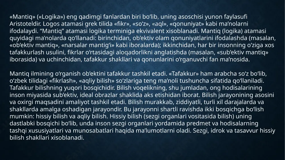 ordamida ko‘rib chiqamiz. ma’lumki, ayrim predmetlar, ularning sinfi (to‘plami) kishilar tafakkurida turli xil mazmunga ega bo‘lgan tushunchalarda aks ettiriladi. masalan, “davlat” tushunchasida o‘zining maydoniga, aholisiga, boshqaruv vositalariga ega bo‘lgan siyosiy tashkilot aks etadi. «ilmiy nazariya» tushunchasida esa predmetlarning birorta sohasiga oid bo‘lgan va ular haqida yaxlit tasavvur beradigan, ma’lum bir metod yordamida qurilgan tushunchalar sistemasi ifoda etilgan. mazmun jihatdan turli xil bo‘lgan bu tushunchalar mantiqiy shakliga ko‘ra bir xildir: har ikkalasida predmet uning muhim belgilari orqali fikr qilingan «o‘z maydoniga egaligi», «aholisining mavjudligi», «boshqaruv vositalariga egaligi», «siyosiy tashkilotdan iboratligi» davlatning muhim xususiyatlari hisoblanadi. xuddi shuningdek, «predmetlarning birorta sohasiga aloqadorligi», «predmet haqida yaxlit tasavvur hosil qilishga imkoniyat berishi», «ma’lum bir metod yordamida qurilishi», «tushunchalar sistemasi shaklida bo‘lishi» ilmiy nazariya’ning muhim belgilari hisoblanadi. agar tushuncha aks ettirayotgan predmetni a bilan, unda fikr qilinayotgan muhim belgilarni, ya’ni fikrlash elementlarini a, v, s,..., n bilan belgilasak, tushunchaning mantiqiy strukturasini a (a, v, s,..., n) …