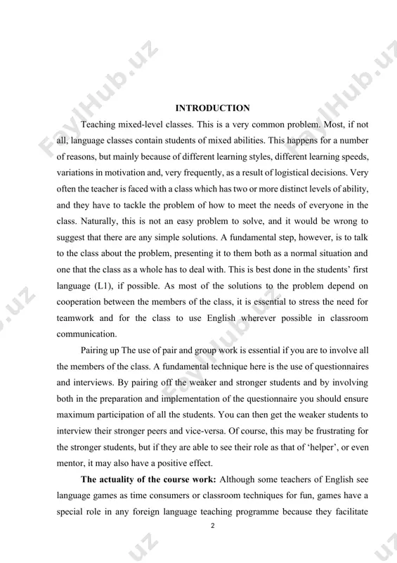 n and implementation of the questionnaire you should ensure maximum participation of all the students. you can then get the weaker students to interview their stronger peers and vice-versa. of course, this may be frustrating for the stronger students, but if they are able to see their role as that of ‘helper’, or even mentor, it may also have a positive effect. the actuality of the course work: although some teachers of english see language games as time consumers or classroom techniques for fun, games have a special role in any foreign language teaching programme because they facilitate foreign language learning especially for young learners. with the introduction of communicative language teaching, english language teaching and learning has become much more demanding for teachers and learners just like any other innovation poses challenges for its users. games have become crucially important for english language learners and teachers not only because …