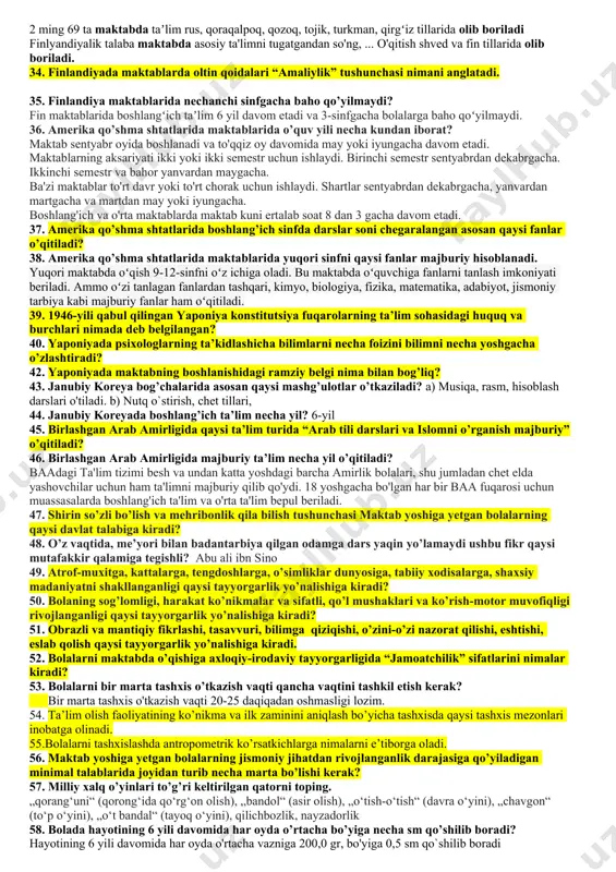 lim tizimining faoliyat ko‘rsatishi va rivojlanishini ta’minlash uchun zarur bo‘lgan tadqiqot ishlarini bajaruvchi ilmiy-pedagogik muassasalarni; ta’lim sohasidagi davlat boshqaruvi organlarini, shuningdek ularning tasarrufidagi tashkilotlarni o‘z ichiga oladi. ta’lim tizimi yagona va uzluksizdir. 24. 2020-yil 23-sentabrda qabul qilingan “talim to’g’risida”gi qonuni 7-moddasi qaysi? ta’lim turlari quyidagilardan iborat: maktabgacha ta’lim va tarbiya; umumiy o‘rta va o‘rta maxsus ta’lim; professional ta’lim; oliy ta’lim; oliy ta’limdan keyingi ta’lim; kadrlarni qayta tayyorlash va ularning malakasini oshirish; maktabdan tashqari ta’lim. 25. 2020-yil 23-sentabrda qabul qilingan “talim to’g’risida”gi qonuni 4-moddasi qaysi? ta’lim sohasidagi asosiy prinsiplar quyidagilardan iborat: ta’lim ustuvorligining tan olinishi; ta’lim olish shaklini tanlash erkinligi; ta’lim sohasida kamsitishlarga yo‘l qo‘yilmasligi; ta’lim olishga doir teng imkoniyatlarning ta’minlanishi; ta’lim va tarbiyaga milliy hamda umuminsoniy qadriyatlarning singdirilganligi; ta’lim va tarbiyaning insonparvarlik, demokratik xususiyati; ta’limning uzluksizligi va izchilligi; o‘n bir yillk ta’limning hamda olti yoshdan yetti yoshgacha bo‘lgan bolalarni bir yil davomida umumiy o‘rta ta’limga tayyorlashningmajburiyligi; davlat ta’lim standartlari va …