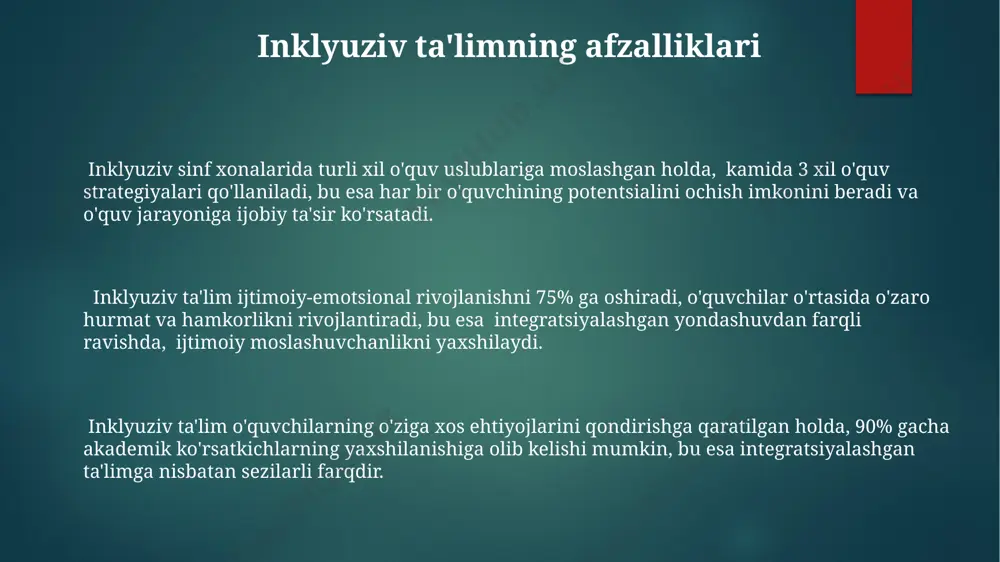 farqlarini inobatga oladi. inklyuziv ta'limda hamkorlikdagi o'qitish usullari (masalan, hamkasblar bilan birgalikda rejalashtirish, 3-5 kishilik guruhlarda ishlash) ko'proq qo'llaniladi, integratsiyalashgan ta'limda esa an'anaviy dars usullari ustun bo'ladi. xulosa integratsiya asosan mavjud tizim doirasida o'zgarishlarni nazarda tutadi, inklyuziya esa tizimning o'zini qayta qurishni va 5 ta asosiy tamoyilga asoslanishni talab qiladi. inklyuziv ta'limda barcha o'quvchilarning teng huquqliligi tamoyili 1-o'rinda turadi, integratsiyada esa umumiy standartlarga moslashishga ko'proq e'tibor qaratiladi. inklyuziv ta'limda 100% o'quvchilarning ehtiyojlariga moslashishga urg'u beriladi, integratsiyalashgan ta'limda esa 80% umumiy dasturga rioya qilinadi va 20% individual yondashuv qo'llaniladi. talabalarning o'zaro munosabatlari integratsiyalashgan ta'limda talabalarning 70% o'zaro munosabatlarda asosan o'xshash qobiliyatli tengdoshlar bilan muloqot qilishni afzal ko'rishadi, inklyuziv ta'limda esa bu nisbat 40% dan kam. inklyuziv ta'limda, ijtimoiy-emotsional rivojlanish darajasi turlicha bo'lgan 5 dan ortiq talaba guruhlari o'rtasidagi o'zaro hamkorlik va o'rganish faolroq kuzatiladi, integratsiyalashgan ta'limda esa bunday guruhlar soni kamroq va o'zaro ta'sir kam. inklyuziv ta'limda 20% dan ortiq talabalar …