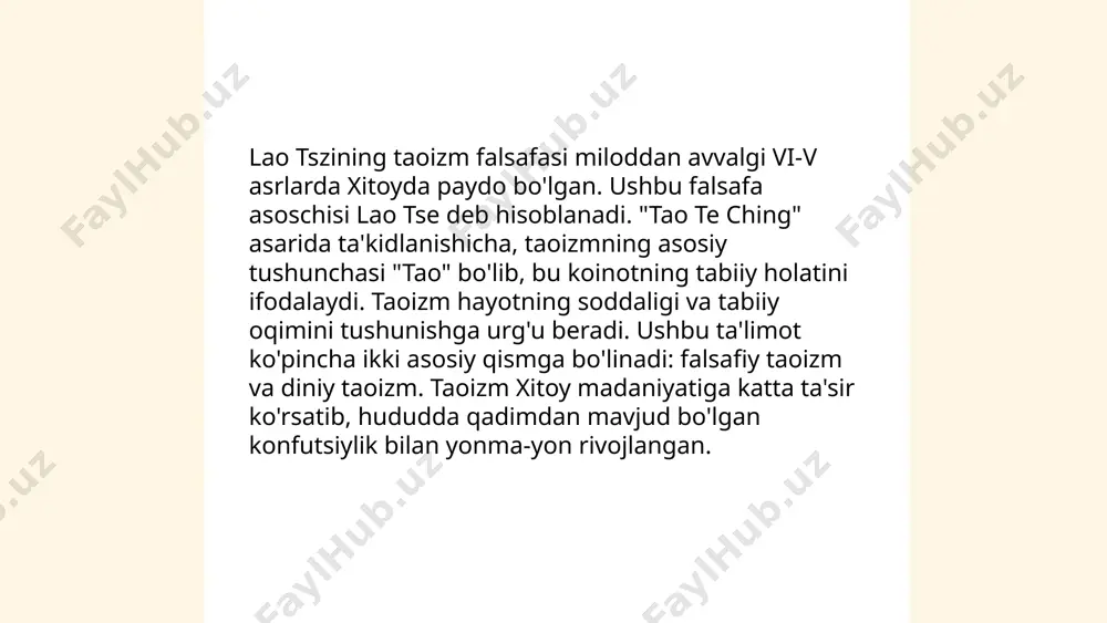 ruh va jism muammosi uzoq tarixga ega. sharq mutafakkirlari ruh va jismni bir butunlikda ko'rib chiqishgan, masalan, ibn sino va al-farobiy. ular ruhni insonning ichki mohiyati, jismni esa tashqi qobiq deb tushuntirganlar. ma'naviyat va moddiyat o'rtasidagi bog'liqlikni o'rganib, ruhiy holatning jismga ta'sirini yoritishga harakat qilganlar. xususan, ibn sino (980–1037) ruhning jismoniy sog'liq bilan aloqasini tibbiyotda muhim qilib olgan. farobiy esa (870–950) ruh va jismning uyg'unligini erishish orqali inson baxtiga yetishadi deb hisoblardi. bu qarashlar sharq falsafasi rivojida katta rol o'ynagan. ... t.me/slaydai_bot 13. sharq va g'arb falsafasining aloqalari sharq va g'arb falsafasining aloqalari uzoq tarixga ega bo'lib, bu ikki mintaqa o'rtasidagi madaniy va ilmiy almashinuvlar natijasida shakllangan. ilk aloqalar eramizdan avvalgi yunonistonning markaziy osiyo va hindiston bilan bo'lgan aloqalari orqali boshlangan. keyinchalik, islom olami falsafaning yuksalish davrida arastu va aflotun asarlarini arab tiliga tarjima qilish orqali g'arb falsafasiga katta hissa qo'shgan. o'rta asrlarda sharq va g'arb madaniyatlari o'rtasida juda ko'p …