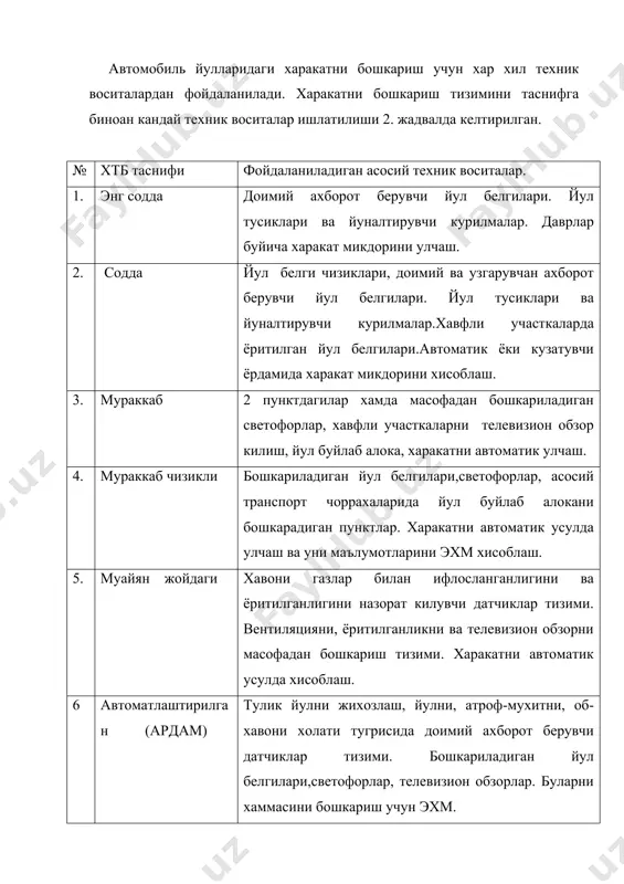 осий стратегияси белгиланади. оператив равишда харакатни бошкариш учун мунтазам равишда йулнинг геометрик параметрларини ва холатини узгариши тугрисида ахборот керак. бу ахборотларга асосан ташкил килиш схемалари танлаб олинади. йулнинг геометрик параметрлари хар хил усуллар ва асбоблар билан аникланиши мумкин: · камераль холатда лойиха материаллари буйича: · натурада йулни геодезик асбоблар билан улчаш: · махсус харакатланадиган лабораторияда урнатилган асбоблар оркали: · аэрофотосъёмка килиш йули билан. транспортдан фойдаланиш тавсифларини куйидаги усуллар ва асбоблар ёрдамида аникланади: 1.тишлашиш коэффициенти: · махсус оддий асбоблар (маятникли усулда ишлайдиган, динамометрик аравачалар): · тормоз бериш оркали (автомобиль ёки пкрс ёрдамида). 2.йул тушамаси мустахкамлиги: · прогибометр: · динамик уриш оркали. 1. равонликни: -3 метрлик рейкалар ёрдамида: -профилометрлар: -толчкометрлар: -вертикал тебранишни улчаш оркали. 4.гадир-будурликни: -микропрофилометрлар: · « кумли дог» усули билан. адабиётлар. 1.азизов к.х. харакат хавфсизлигини ташкил этиш асослари. укув кулланма. тошкент. тайи. 1999 йил- 113 б. 2.йул харакати коидалари. тошкент, картография, 2000 йил. 3.клинковштейн г.и. организация дорожного движения. м. транспорт. …