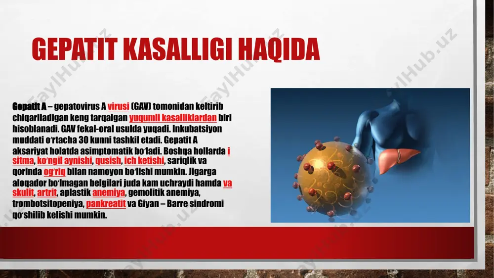 gik jarayonlarga qarab kattalarga ham vaksina yuboriladi, u birinchi bor qilingandan keyin oradan 1 oy va 6 oy oʻtgach qayta emlanadi. emlash natijasida immunitet paydo boʻlib, u 15— 20-yilgacha saqlanadi va kasallik tar-qalishining oldini oladi, virus tashuvchilik himoyalanadi. profilaktika maqsadida bolalarga gammaglobulin (normal immunoglobulin) dan ukol qilinadi. davolash asosan bemorning umumiy ahvoli va kasallikning klinik belgilariga qarab olib boriladi; yengilroq xilida deyarli dori-darmonlar berilmaydi, kun tartibi va parhezga (qarang parhez bilan davolash) rioya qilish tavsiya etiladi. kasallikning boshqa shakllarida ham parhez va kun tartibiga amal qilishdan tashqari, glyukoza, vitaminlar, tuzli eritmalar, qon hamda plazma va qon oʻrnini bosuvchi suyuqliklar, zarur hollarda gormonlar, antibiotiklar va h. k. buyuriladi. bemorga vitaminlar, uglevodlar, oqsilga boy ovqatlar, shuningdek turli meva sharbatlari beriladi. image3.jpg image4.jpeg image5.jpeg image6.jpeg image7.jpeg image8.jpeg image9.jpeg image10.png /docprops/thumbnail.jpeg