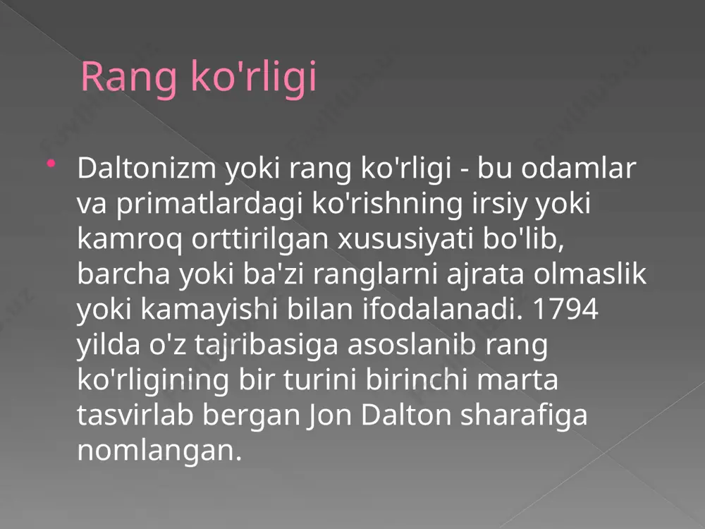 inmaydi, chunki "zaxira" x xromosoma yo'q. erkaklarning 2 dan 8 foizigacha va ayollarning atigi 0,8 foizi turli darajadagi rang ko'rligidan aziyat chekadi. rang ko'rligining ayrim turlarini "irsiy kasallik" deb hisoblamaslik kerak, aksincha, ko'rishning buzilishi. britaniyalik olimlarning tadqiqotlariga ko'ra , qizil va yashil ranglarni farqlashda qiynalayotgan odamlar boshqa ko'plab soyalarni farqlashlari mumkin. xususan, oddiy ko'rish qobiliyatiga ega odamlar uchun bir xil ko'rinadigan xaki soyalari. olingan rang ko'rligi. bu faqat to'r pardasi yoki optik asab ta'sirlangan ko'zda rivojlanadigan kasallikdir. ushbu turdagi rang ko'rligi progressiv buzilish va ko'k va sariq ranglarni farqlashda qiyinchilik bilan tavsiflanadi. rangni ko'rish buzilishining sabablari : yoshga bog'liq o'zgarishlar - linzalarning bulutlanishi (katarakt). ham uzoqdan ko'rish, ham rang idroki kamayadi ; turli xil dori-darmonlarni qabul qilish (doimiy yoki vaqtinchalik) tufayli rang ko'rishning buzilishi; retinaga yoki optik asabga ta'sir qiluvchi ko'z shikastlanishi . klinik ko'rinishlar. klinik jihatdan to'liq va qisman rang ko'rligi o'rtasida farqlanadi. akromatopsi ( axromaziya , akromatopsiya , …