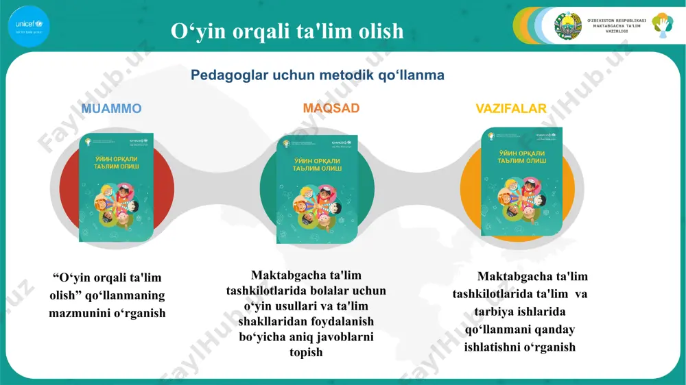 minoti bolani rivojlantirish sohalari bo‘yicha o‘yinlarni qo‘llash tavsiyalari amaliy vazifalar: xudud: vazifalar: sizning stolingizda «o‘yin orqali ta'lim olish» nomli uslubiy qo‘llanmasi mavjud bo‘lib, sizga berilgan vazifani bajarishingiz va taqdim etishingiz kerak: vazifani bajarish vaqti 10 daqiqa. javob berish uchun - 4 daqiqa ajratiladi. andijon, namangan, farg‘ona 1. qo‘llanmada maktabgacha ta'lim tashkilotlarida bolalarni o‘yin orqali ta'lim va tarbiya berish strategiyasini taqdim etgan bobni toping 2. ushbu bobga nom bering, qaysi sahifada joylashganligini ko‘rsating 3. vatman qog‘ozida, o‘yin orqali o‘quv strategiyasining asosiy tarkibiy qismlarini grafik jihatdan aks ettiring buxoro, surxondaryo, navoiy viloyatlari 1. qo‘llanmada pedagogning bola o‘yin faoliyatidagi rolini tavsiflovchi bobni toping 2. ushbu bobga nom bering, qaysi sahifada joylashganligini ko‘rsating 3. vatman qog‘ozida bolaning o‘yin faoliyatida mtt pedagogi qaysi rollarda ishtirok etishi mumkinligini sxema yoki tizim ravishda aks ettiring qoraqalpog‘iston respublikasi, xorazm va qashqadaryo 1. qo‘llanmada maktabgacha ta'lim tashkilotlarida syujetli - rolli o‘yinlarni tashkil etish metodikasini tavsiflovchi bobni toping 2. ushbu …