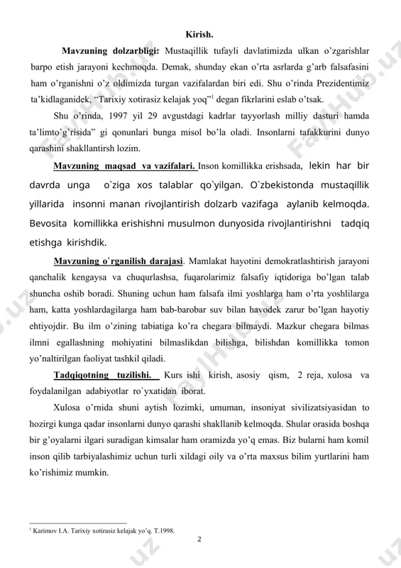 emas. biz bularni ham komil inson qilib tarbiyalashimiz uchun turli xildagi oily va o’rta maxsus bilim yurtlarini ham ko’rishimiz mumkin. 1. inson ongi va tafakkuruning falsafiy talqini mustaqillik yurtimizga nafaqat siyosiy erkinlikni, balki, millatimizga millatdek, xalqimizga xalqdek yashash, mustaqil fikrlash erkinligini ham berdi. shu tufayli biz falsafani, uning tarixini dunyoviylik, insonparvarlik nuqtai-nazaridan o’rganish imkoniyatiga ega bo’ldik. mamlakatimiz fuqarolarida tafakkur erkinligi shakllanib bormoqda. yurtimizda sodir bo’layotgan murakkab yaratuvchanlik tafakkur mustaqilligi bilan uzviy bog’liq hodisadir . mamlakat hayotini demokratlashtirish jarayoni qanchalik kengaysa va chuqurlashsa, fuqarolarimiz falsafiy iqtidoriga bo’lgan talab shuncha oshib boradi. shuning uchun ham falsafa ilmi yoshlarga ham o’rta yoshlilarga ham, katta yoshlardagilarga ham bab-barobar suv bilan havodek zarur bo’lgan hayotiy ehtiyojdir. bu ilm o’zining tabiatiga ko’ra chegara bilmaydi. mazkur chegara bilmas ilmni egallashning mohiyatini bilmaslikdan bilishga, bilishdan komillikka tomon yo’naltirilgan faoliyat tashkil qiladi. bundan tashqari falsafa ilmining yana bir muhim jihati shundaki, u qanchalik o’zlashtirilsa, o’zlashtiruvchi o’z oldiga yana yangi-yangi …