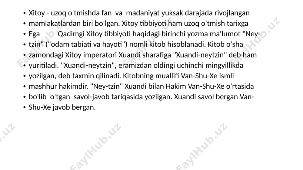 anlar. ularning fikricha igna tanada yig'i1ib qolgan ortiqcha kasallik omillarini chiqarib yuboradi. shu maqsadda ignaning ichi kayak qilib yasalgan.,:..l qadirngi xitoy hakimlari dori-darmonlardan foydalanishda ham muhim natijalarga erishganlar. ular o'sha vaqtdajahon tibbiyotida ma'ium bo'lgan dori-darmonlardan tashqari bir qancha yangi dorilar kashf etdilar. masalan, mashhur lenshen va pantokrin shular jumlasidandir. bulardan tashqari xitoy limonnigi deb ataluvchi dori ham mavjud. o'sha vaqtdayoq xitoy tibbiyotida o'simliklar, hayvqnlar va minerallardan olinadigan mingdan ortiq dorilar mavjud bo'lgan. xitoylar birinchilardan bo'lib, dorivor moddalarga bag'ishlangan maxsus qo'llanma (farmakopeya) chiqarganlar odam organizmining tuzilishi va uning tabiati haqida, qadimgi xitoy tabiblari, samoviy unsurlar tushunchasida bo'lganlar. ular butun borliq to'rt samoviy unsur (element) - yer, suv, havo va olovdan tashkil topgan, degan naturfilosofik nazariyaga asoslanganlar. xitoy i1miy tibbiyotining asoschilaridan biri mashhur hakim byan syaodir. u eramizdan oldingi vi asrda yashagan. byan syao birinchi bo'jib be morning tomirini tekshirish usulihi ishlab chiqqan. igna sanchib davolash usulini ham byan syao birinchilardan bo'lib …