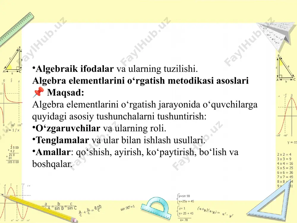 orqali boshlash (masalan, pitssa, shokolad, mevalar bo‘linishi). rasm va modellar yordamida butunni bo‘lish g‘oyasini tushuntirish: "1 pitssa 4 teng bo‘lakka bo‘lindi. har bir bo‘lak — ¼ qism." o‘nli kasrlar metodikasi 📌 maqsad: o‘quvchilarga o‘nli kasrlar nima ekanligini, ularni qanday o‘qish va yozishni, ularni oddiy kasrlar bilan bog‘lashni o‘rgatish. 🧩 bosqichma-bosqich metodika: 2.1. o‘nli kasr tushunchasi: o‘nli kasr — bu 10 ga (yoki 100, 1000 ga) nisbatan ulushlar. o‘nli kasrlar vergul bilan yoziladi: 0,5; 1,25; 3,75 2.2. o‘nli kasr va oddiy kasrni bog‘lash: 1/2 = 0,5 1/4 = 0,25 3/10 = 0,3 o‘qish va yozish: 0,3 → “nol butun uchdan bir” 2,75 → “ikki butun yetmish beshdan yuz” o‘nli kasrlar ustida amallar: qo‘shish va ayirish (vergulni to‘g‘rilab yozish). ko‘paytirish va bo‘lish: 10, 100, 1000 ga ko‘paytirish orqali kasrni o‘zgartirish. ✅ xulosa: ulush va kasr, shuningdek o‘nli kasr mavzulari algebra asoslari bo‘lib, ularni o‘rgatishda quyidagilar muhim: vizual va interaktiv yondashuv. real hayot …