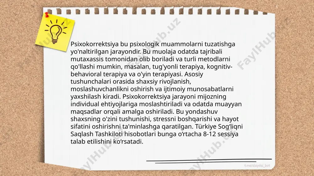 ing 20-30 foizi maktab muhitida paydo bo'ladi. psixokorrektsion mashg'ulotlar stress darajasini kamaytirishda, ijtimoiy ko'nikmalarni oshirishda muhim rol o'ynaydi. ushbu jarayonlar xususan, guruh terapiyasi, individual maslahat berish va relaxatsion texnikalar orqali amalga oshiriladi. o'smirlarning 40 foizi bu usullar orqali o'z-o'zini anglashda ijobiy o'zgarishlarga erishadi. psixologlar va pedagoglarning hamkorligi natijasida 60 foiz o'smirlar akademik ko'rsatkichlarini yaxshilaydi. umuman olganda, psixokorreksiya ishlari o'smirlar orasida salomatlik va hayot sifatini oshirishga xizmat qiladi. ... t.me/slaydai_bot kattalar uchun psixokorreksiya dasturlari insonlar ruhiy holatini yaxshilashga qaratilgan. ushbu dasturlar stress, depressiya va xavotirni kamaytirishga yordam beradi. statistik ko'rsatkichlarga ko'ra, psixokorreksiya dasturlari orqali ishtirokchilarning 70-80% ruhiy holati yaxshilangan. dasturlar individual yoki guruh shaklida o'tkazilishi mumkin va odatda 8-12 seans davom etadi. ko'pchilik dasturlar kognitiv-behavorial terapiya usullariga asoslangan bo'lib, ularning samaradorligi ilmiy tadqiqotlar bilan tasdiqlangan. barcha yoshdagi kattalar, jumladan, 18 va undan katta yoshdagilar bu dasturlardan foyda ko'rishi mumkin. tadqiqotlar shuni ko'rsatadi-ki, psixokorreksiya dasturlari ish samaradorligini 20-30% oshirishi mumkin va umumiy …