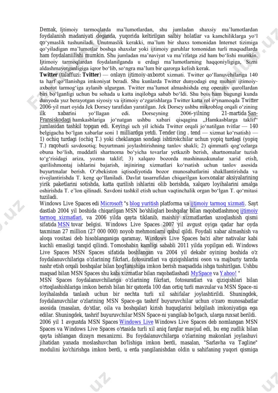dagi ijtimoiy tarmoqlar. o‘zbekistondagi ijtimoiy tarmoq saytlarini tiliga qarab quydagilarga ajratish mumkin. o‘zbek tilini xam qo‘llay oladigan ijtimoiy tarmoqlar. www.sinfdosh.uz www.vsetut.uz feysbuk (facebook.com) ijtimoiy tarmog‘i maqsad va vazifalari. 2004 yili garvard universiteti talabasi mark sukerberk mashxur facebook saytini ishga tushurishga muvaffaq bo’ldi. avvaliga facebok shunchaki talabalar uchun xabar almashuv sayti bo’lishi rejalashtirilgan edi . lekin atiga 1 oy ichida ushbu saytga 200 000 dan ortiq inson tashrif buyurdi. shundan so’ng mark saytning kelajagi porloq ekanligini tushundi va uni ommalashtirish ishlarini boshlab yubordi . ayni vaqtda esa sayddan 2 mlddan ortiq inson ro’yxatdan o’tgan bo’lib u dunyodagi eng ko’p foydalanuvchisiga ega saytdir. ushbu veb sahifa ham odnoklassniki (odnoklasniki.ru), www.sinfdosh.uz ijtimoiy tarmog‘lari yaratilishi maqsad va vazifalari bilan bir xil bo‘lib, faqatgina ingliz tilida so‘zlashuvchilar uchun yaratilgan va moslashtirilgan bundan tashqari qiziquvchilar quyidagi veb sahifalarni ham ko‘rishlari mumkin: last.fm, linjedln, myspace. bularning yaratilish maqsad va vazifalari ham yuqorida keltirilgan veb sahifalar bilan o‘xshash. …