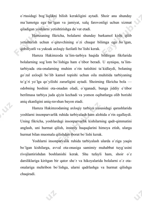 urlar. ayrimlar borki, kamol rashklikdan jonlaridan kechib, o`zlarini o`ldirurlar». hamza sahiylarni ta`riflab: «sahiylar, o`zlari halol qilib topadi. o`zlari ham yeydi, boshqalarga ham beradi. birov iltimosini qaytarmaydi... ko`priklarni tuzatadi, beva-bechoralarga osh-non, kiyim-bosh qilib beradi. yetim bolalarni maktablarga berib o`qitadi, ular doim umum foydasi tegadigan ishlarni qiladi. umum foydasi uchun jonidan ham kechurlar», deydi. hamza hakimzoda fikricha, bolalarni, sabr-toqatli, sabot va matonatli qilib tarbiyalash kerak. uning fikricha: "shitobning ziddi—dushmani — sabrdir. sabr — chidamli, ya`ni har ishda ... oshiqmaslik ... sabrli kishilarda pushaymon va armon bo`lmas ... sabr kishilarning yuragi bo`lib, dunyodan balo kelsa-da, ko`kragiga yetmay yo`q bo`lib ketar. sabrli kishilar har yerda izzatlik, har kim qarshisida hurmat va obro`li bo`lur. sabrli kishilarni har kim sevar va chin ko`ngilidan do`st tutar ... agar sabrga o`zini bilib o`rgatib olgan kishi so`ngra ... og`irlik pisandiga ham kelmay qolur". hamza sabrga bergan ta`rifini shunday xulosalaydi: «sabrdin topgay ulug` mansab kishi, besabrdin bo`lmagay o`ng hech ishi». …