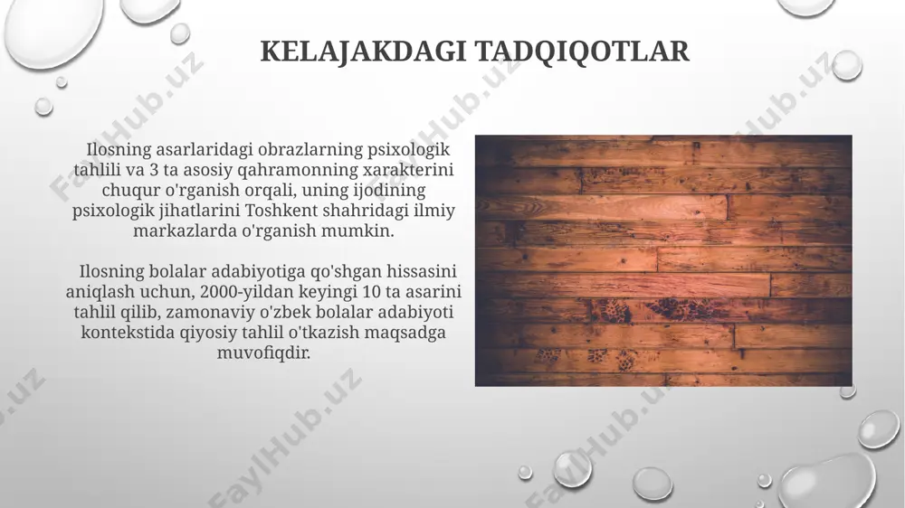 r-oqibat, saxovatlilik va halollik kabi tushunchalar 7 yoshdan 12 yoshgacha bo'lgan o'quvchilarga tushunarli tarzda bayon etilgan. kitoblaridagi axloqiy qadriyatlar "mening do'stlarim" hikoyalar to'plamida 12 ta qissa orqali bolalarga halollik, adolatlilik va mas'uliyatlilik tushunchalari toshkent shahri voqealari orqali yetkazilgan. ilyosning 30 dan ortiq kitoblarida mehr-oqibat, do'stlik va o'zaro hurmat kabi 5 ta asosiy axloqiy qadriyat samarqand va buxoro shaharlari fonida tasvirlangan. ilyosning yozish uslubi uning asarlarida, ayniqsa "mening sevimli o'yinchoqlarim" kabi hikoyalarida, fantastik elementlar va real voqeliklarning uyg'unlashuvi, 3-4 ta asosiy qahramon atrofida qurilgan syujet chizig'i kuzatiladi. ilyosning "bolalar uchun ertaklar" to'plamidagi 12 ta ertakning har birida, andijon viloyati manzaralarini eslatuvchi tabiat tavsiflari bilan birga, axloqiy-tarbiyaviy g'oyalar 5-7 yoshli bolalarga tushunarli shaklda ifodalangan. e'tiboringiz uchun rahmat @taqdimot_robot image3.png image4.jpg image5.jpg image6.jpg image7.jpg image8.jpg image9.jpg image10.jpg image11.jpg image12.jpg image13.jpg image14.jpg image15.jpg image16.jpg image17.jpg image18.jpg image19.jpg image20.jpg image1.png