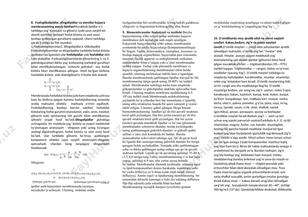 ng professori, akademik k. s. kirxgof unayotgan arpa donidan ajratilgan shira tarkibida kraxmalni shakargacha parchalovchi maxsus modda borligini isbotladi. murakkab birikmalarning, ayniqsa, oqsillaming kimyoviy tuzilishini aniqlashda nemis olimi e. fisheming (1852— 1919) ishlari alohida ahamiyatga ega. u uglevodlar, yog’lar, oqsillaming struktnra tuzilishini aniqlash ustida ko’pgina ishlar qildi. aminokislotalar bir-biri bilan peptid bog’lar orqali birikishini juda ko’p tajribalarda aniqladi. fisher sun’iy yo’l bilan bir qator polipeptidlami sintezlab oldi. nuldein kislotalaming kashf etilishi shveytsar olimi f. misher (1844—1895) nomi bilan bog’liq. vitaminlaming topilishi biokimyoning rivojlanishida ayniqsa katta ahamiyatga ega bo’ldi. ulaming kashf etilishi rus olimi n. i. lunin (1854—1937) nomi bilan bog’liq. nafas olish va spirtli bijg’ish jarayonlari mexanizmini puxta o’rgangan olimlardan a.n.bax, v, i. palladin va v.a.engelgard biokimyoning rivojlanishiga ulkan hissa qo’shdilar. bax nafas olish kimyosiga oid muhim tadqiqotlar olib borib, o’zining bir qancha asarlarida tirik organizmlar tarkibidagi organik moddalaming oksidlanishida hamda nafas olish jarayonlarida erkin kislorod ishtirok etishini isbotlab berdi. …
