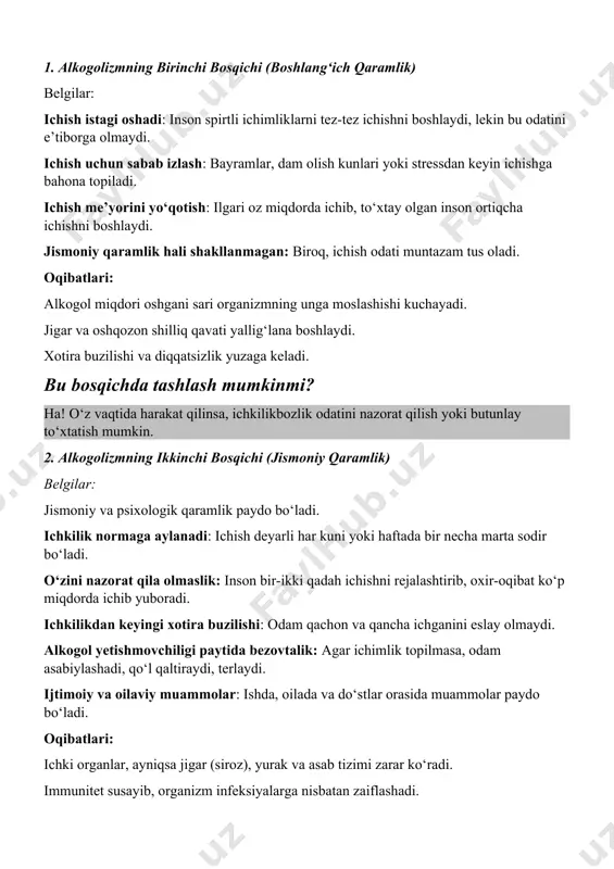 qilinsa, ichkilikbozlik odatini nazorat qilish yoki butunlay to‘xtatish mumkin. 2. alkogolizmning ikkinchi bosqichi (jismoniy qaramlik) belgilar: jismoniy va psixologik qaramlik paydo bo‘ladi. ichkilik normaga aylanadi: ichish deyarli har kuni yoki haftada bir necha marta sodir bo‘ladi. o‘zini nazorat qila olmaslik: inson bir-ikki qadah ichishni rejalashtirib, oxir-oqibat ko‘p miqdorda ichib yuboradi. ichkilikdan keyingi xotira buzilishi: odam qachon va qancha ichganini eslay olmaydi. alkogol yetishmovchiligi paytida bezovtalik: agar ichimlik topilmasa, odam asabiylashadi, qo‘l qaltiraydi, terlaydi. ijtimoiy va oilaviy muammolar: ishda, oilada va do‘stlar orasida muammolar paydo bo‘ladi. oqibatlari: ichki organlar, ayniqsa jigar (siroz), yurak va asab tizimi zarar ko‘radi. immunitet susayib, organizm infeksiyalarga nisbatan zaiflashadi. jismoniy tashqi belgilar: yuz qizarishi, qo‘l qaltirashi, ko‘z osti qorayishi. bu bosqichda tashlash mumkinmi? bu bosqichda o‘z-o‘zidan tashlash juda qiyin, chunki organizm allaqachon alkogolga qattiq bog‘langan bo‘ladi. shifokor, psixoterapevt va reabilitatsiya markazlari yordamiga ehtiyoj seziladi. 3. alkogolizmning uchinchi bosqichi (og‘ir qaramlik) belgilar: spirtli ichimliklarsiz yashash qiyinlashadi: odam …
