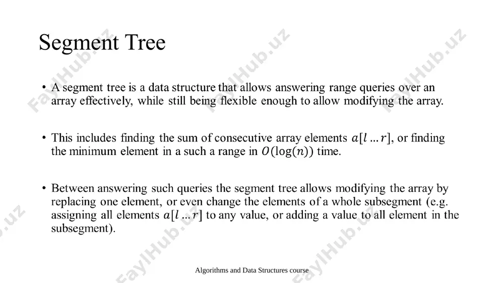 ves and and compute the sum of each halve and store them. each of these two halves in turn also split in half, their sums are computed and stored. and this process repeats until all segments reach size 1. algorithms and data structures course segment tree structure in other words we start with the segment , split the current segment in half (if it has not yet become a segment containing a single element), and then calling the same procedure for both halves. for each such segment we store the sum of the numbers on it. we can say, that these segments form a binary tree: the root of this tree is the segment , and each vertex (except leaf vertices) has exactly two child vertices. this is why the data structure is called "segment tree", even though in most implementations the tree is not constructed explicitly. algorithms and data …