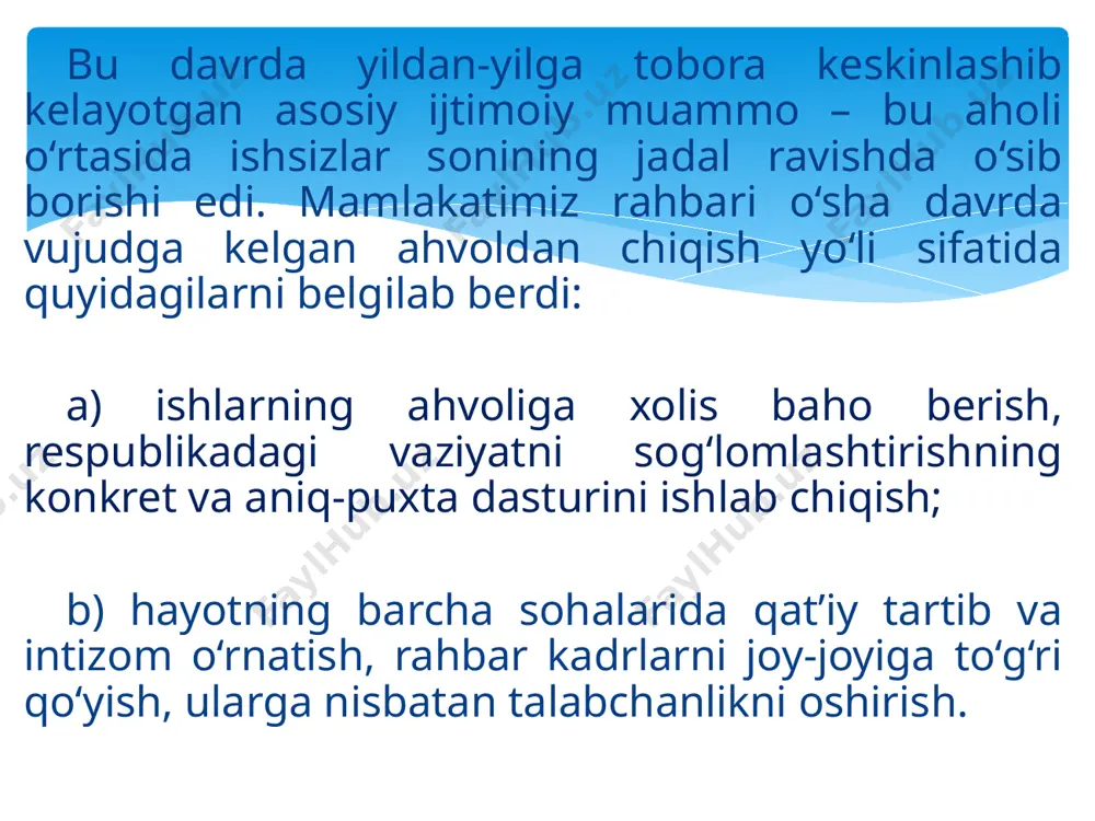 rimov nomi bilan bog‘liq. o‘zbekistonning davlat mustaqilligi umumxalq tomonidan yakdillik bilan ma’qullandi. xuddi shu yilning 29 dekabrida xalqimiz birinchi marta umumxalq xoxish-irodasi bilan mustaqil o‘zbekiston respublikasi prezidentini sayladi. o‘zbekiston prezidenti saylovi o‘zbekiston respublikasi oliy kengashining viii sesiyasida qabul qilingan o‘zbekiston respublikasi prezidenti saylovi to‘g‘risida”gi qonun asosida o‘tkazildi. bu saylovning muhim tomoni shuki, u birinchi marta muqobillik asosida o‘tdi, ya’ni oliy lavozimga ikki nomzod- o‘zbekiston xdp va o‘zbekiston kasaba uyushmalari federatsiya nomzodi i.a.karimov va “erk” demokratik partiyasi vakili saloy madaminov ( muhammad solix ) nomzodi qo‘yildi. saylovda qatnashganlarning (86%) i.karimov nomzodiga ovoz berdi va markaziy saylov komissiyasi o‘zbekiston respublikasi prezidenti saylovi to‘g‘risidagi qonunning 35-moddasiga asoslanib islom abdug‘aniyevich karimovni 1991 yil 29 dekabrdan o‘zbekiston respublikasi prezidenti lavozimiga saylangan deb hisoblashga qaror qildi. i.karimov o‘zbekiston kengashining 1992 yil 4 yanvarda bo‘lgan navbatdan tashqari ix sessiyasida qasamyod qildi. o‘zbekiston kengashining 1992 yil 4 yanvarda bo‘lgan navbatdan tashqari ix sessiyasida islom abdug‘aniyevich karimovning qasamyodi. 2. …