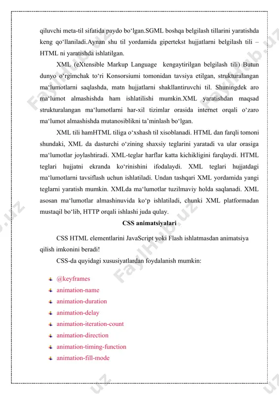 kadr oʻynatilgunga qadar yoki oxirgi asosiy kadr oʻynalgandan keyin taʼsir qilmaydi. animatsiyani to'ldirish rejimi xususiyati bu xatti-harakatni bekor qilishi mumkin. animatsiyani to'ldirish rejimi xususiyati animatsiya o'ynamayotganda (u boshlanishidan oldin, tugashidan keyin yoki ikkalasi) maqsadli element uchun uslubni belgilaydi. animatsiyani to'ldirish rejimi xususiyati quyidagi qiymatlarga ega bo'lishi mumkin: · none - standart qiymat. animatsiya bajarilgunga qadar yoki undan keyin elementga hech qanday uslubni qo'llamaydi · forwards - element oxirgi kalit kadr tomonidan o'rnatilgan uslub qiymatlarini saqlab qoladi (animatsiya yo'nalishi va animatsiya-iteratsiya soniga bog'liq) · backwards - element birinchi asosiy kadr tomonidan o'rnatiladigan uslub qiymatlarini oladi (animatsiya yo'nalishiga bog'liq) va buni animatsiya kechikish davrida saqlab qoladi · both - animatsiya ikkala yo'nalishda ham animatsiya xususiyatlarini kengaytirib, oldinga va orqaga qoidalarga amal qiladi quyidagi misol elementiga animatsiya tugashi bilan oxirgi kalit kadrdan uslub qiymatlarini saqlab qolish imkonini beradi: animatsiya stenografiyasi xususiyati quyidagi misolda oltita animatsiya xususiyatidan foydalaniladi: css animatsiya xususiyatlari quyidagi jadvalda @keyframes …
