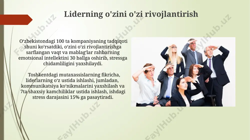 lishi mumkin. lider shaxsiyati va stress: kirish yaponiya kabi yuqori texnologiyalarga ega mamlakatlarda ham, liderlarning emotsional intellekti va stressni boshqarish ko'nikmalari etishmasligi 20% gacha ishdan bo'shatishlarga olib keladi. raqamlarga ko'ra, aqshdagi tadqiqotlar shuni ko'rsatdiki, liderlarning 70% i yuqori stress darajasiga ega bo'lib, bu ularning samaradorligiga va jamoa ishiga salbiy ta'sir ko'rsatadi. xulosa va tavsiyalar stressni boshqarish bo'yicha 5 ta samarali usulni qo'llash natijasida toshkent shahridagi kompaniyalarda ishchilarning mehnat unumdorligi 20% ga oshganligi kuzatildi. rahbariyatning stressga munosabati va uning samaradorligiga ta'siri bo'yicha o'tkazilgan 2023-yilgi tadqiqotlar natijalari shuni ko'rsatdiki, samarqand viloyatida stress darajasi yuqori bo'lgan rahbarlarning qaror qabul qilish tezligi 15% ga pasaygan. stressning ta'rifi va turlari ish joyidagi stressning 2 asosiy turi mavjud: kuchlanish va charchoq. kuchlanish, masalan, muhim loyiha muddatining yaqinlashishi bilan bog'liq bo'lsa, charchoq uzoq muddatli 8 soatdan ortiq ishlash natijasida yuzaga kelishi mumkin. stress – bu organizmning 30 dan ortiq turdagi fiziologik va psixologik reaktsiyalar yig'indisidir, masalan, yurak …