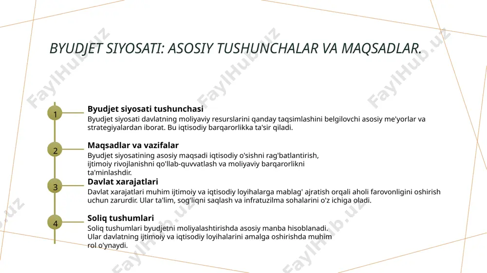 lari, davlatning iqtisodiy faoliyatini qo'llab-quvvatlash uchun ajratilgan mablag'lardir. ular ijtimoiy xizmatlar va infratuzilmani rivojlantirishga qaratilgan. 2 iqtisodiy barqarorlik iqtisodiy barqarorlik, davlat xarajatlari orqali o'zgaruvchan iqtisodiy sharoitlarga moslashuvchanlikni ta'minlaydi. bu, inflyatsiya va ish o'rinlari barqarorligini saqlashda muhim rol o'ynaydi. 3 ta'sir va natijalar davlat xarajatlarining samarali boshqarilishi, iqtisodiy o'sish va barqarorlikni oshiradi. bu, ijtimoiy muammolarni hal qilishda va umumiy farovonlikni ta'minlashda yordam beradi. soliq siyosati va davlat xarajatlari: o'zaro bog'liqlik va muammolar. soliq siyosati va davlat xarajatlari o'rtasidagi bog'liqlik iqtisodiy barqarorlikni ta'minlashda muhim rol o'ynaydi. davlat xarajatlari soliqlardan olinadigan tushumlarga bog'liq, bu esa ijtimoiy va infratuzilma loyihalarini moliyalashtirishga yordam beradi. muammolar esa korruptsiya va resurslarning samarali taqsimlanmasi bilan bog'liq bo'lishi mumkin. yalpi ichki mahsulot (yim) o'sishiga ta'sir ko'rsatadi. photo by soliman cifuentes on unsplash samarali davlat xarajatlari: iqtisodiy o'sishni ta'minlash yo'llari. samarali xarajatlar investitsiyalar ijtimoiy ta'sir samarali davlat xarajatlari iqtisodiy o'sishni ta'minlaydi va resurslarni samarali taqsimlash orqali ijtimoiy infratuzilmani rivojlantiradi. davlat …
