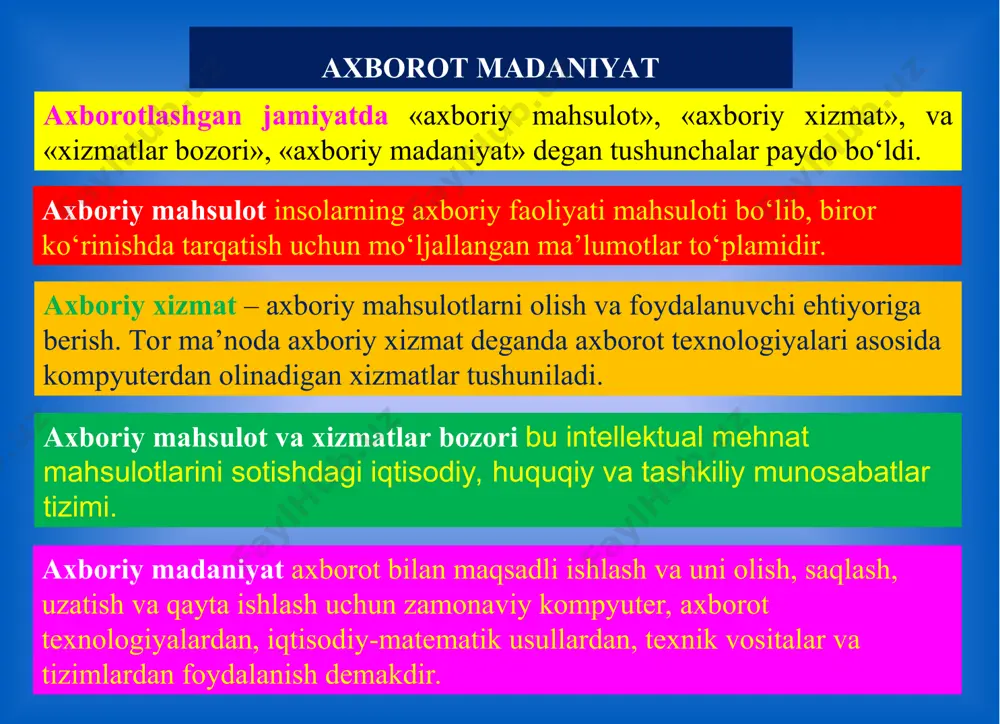 natijalari haqidagi fan-tеxnika ma’lumotlari, bilimlari yig‘indisidir. boshqacha aytganda, axborot, mazkur talqinga binoan, fan-tеxnika faoliyati axborot xizmati tizimining mahsuli va «xomashyo»sidir. informatika atamasi lotincha informatik so’zidan kеlib chiqqan bo’lib, tushuntirish, xabar qilish, bayon etish ma'nosini anglatadi. ingliz tilida bu atamaga computer science (kompyutеr tеxnikasi haqidagi fan) sinonimi mos kеladi. ifоrmаtikаning аxbоrоtlаshgаn jаmiyatdаgi o‘rni, rоli vа vаzifаlаri «informatika» so‘zi 60- yillarida fransiyada vujudga keldi. u axborot (information) va avtomatika (automatique) so‘zlarini birlashtirishdan hosil bo‘lib, ma’lumotlarni avtomatik qayta ishlash degan ma’noni bildiradi. informatika — axborot tеxnologiyalari vositalari yordamida axborotni taqdim etish, qabul qilish, saqlash, unga ishlov bеrish, uzatish usullarini, ya'ni axboriy jarayonlarni va axborot tеxnologiyalari vositalarining faoliyat ko’rsatish tamoyillarini, ularni boshqarish usullarini sistеmali ravishda o’rganuvchi fandir. informatikaning vazifasi axborotni qayta ishlashning yangi usullari va vositalarini yaratish hamda ularni amaliyotda qo‘llashdan iboratdir. foydalanilgan adabiyotlar: 1. ahmedov a.,taylaqov n. informatika. akademik litsey va kasb-hunar kollejlar uchun darslik. — t.: o‘zbekiston, 2002. 2. «informatika va hisoblash …