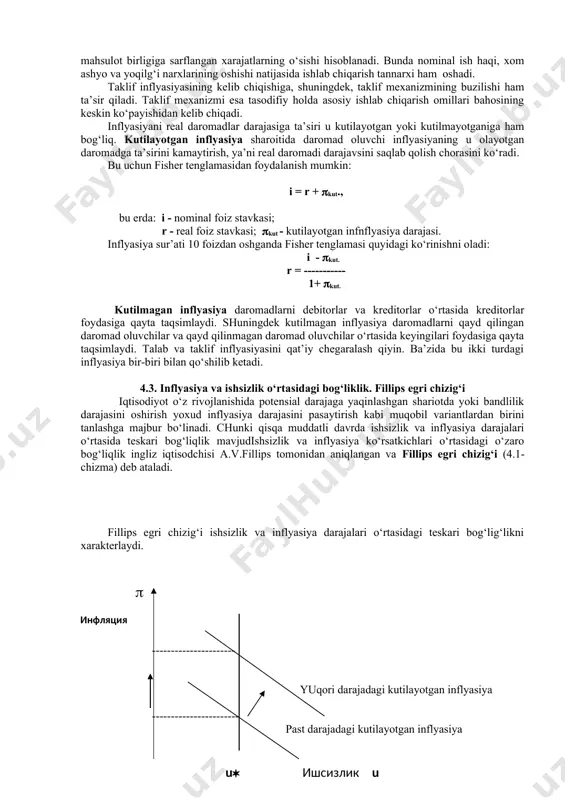 isbiy o‘zgarishi inflyasiya darajasi (baholarning o‘sish sur’ati) deb ataladi. makroiqtisodiy modellarda inflyasiya darajasi quyidagicha ifodalanishi mumkin: p-p-1 = ---------- p-1 bunda: – yillik inflyasiya sur’ati; p - joriy yilning narxlar indeksi; p-1 - o‘tgan yilning narxlar indeksi. 4.2. inflyasiyaning turlari. talab va taklif inflyasiyasi talab inflyasiyasi iqtisodiyotda talab keskin oshib ketishi va uni ishlab chiqarishning real hajmi bilan qondirish mumkin bo‘lmay qolgan sharoitlarda kelib chiqadi. ya’ni, to‘liq bandlilikka yaqin sharoitda iqtisodiyotning ishlab chiqarish imkoniyatlari o‘sib borayotgan yalpi talabni qondirolmaydi. ortiqcha talab esa real tovarlar bahosining ko‘payishiga iqtisodiy bosim beradi va talab inflyasiyasi kelib chiqadi. taklif inflyasiyasi bu, mamlakat iqtisodiyotida tovar va xizmatlar taklifining kamayishi natijasida tovar va xizmatlar baholarining oshishidan paydo bo‘ladi. bunday hollarda ortiqcha talab bo‘lmasa ham tovarlarning baholari oshib boradi. hatto ish bilan bandlik va yaim ishlab chiqarish kamaygan yillari tovarlarning bahosi oshadi. jami taklif qisqarishining asosiy sababi mahsulot birligiga sarflangan xarajatlarning o‘sishi hisoblanadi. bunda nominal ish haqi, …