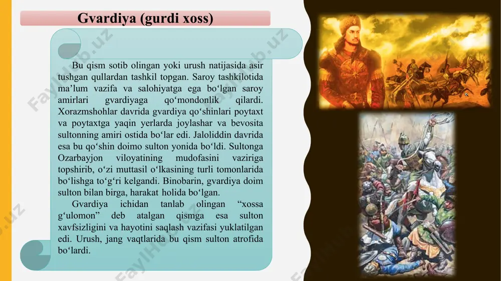 tlugʻxon, vafo malik degan unvonlar ham boʻlgan. avval amir unvoni, keyin malik, undan keyin xon unvoni berilgan. jaloliddin (moʻgʻullar bilan jangda) jang kuni qoʻrqib isfaxondan chiqmagan amirlar, maliklar, xonlar va boshqalarga ayollar kiyimini kiydirib shahar koʻchalaridan olib yurishni buyurgan. harbiy tashkilotga mansub qoʻmondonlar ham, askarlar ham turkiy qavmlardan boʻlgan. ayni chogʻda jaloliddin oyogʻiga bosh urib kelgan moʻgʻul amirlarini rutbalarini saqlagan holda armiyasiga olib, vazifa bergan. darhaqiqat, nasaviyning yozishicha, sulton xizmatida ikkita moʻgʻul amiri boʻlgan. birining ismi nomaʼlum. u isfaxon yonida moʻgʻullarga qarshi jangda qatnashgan va sulton yonida boʻlgan. ikkinchining ismi koʻke bijkem boʻlib, jonini saqlash uchun jaloliddinning huzuriga qochib kelgan edi. xorazmshohlar moʻgʻullarning ayrim odatlarini qabul qilganlar. masalan, moʻgʻullar oʻz vazifasini uddalay olmagan kishiga bundan ham ogʻirroq va tahlikaliroq vazifa topshirishgan, agar uddalasa uni kechirishgan. jaloliddin ham oʻz amirlariga nisbatan moʻgʻullardan oʻtgan bu odatni tadbiq etdi. qoʻshin soni. davlatdagi qoʻshinlar soni xorazm shohlarining harbiy yurishlarining koʻlamiga qarab oʻzgarib borgan. masalan, …