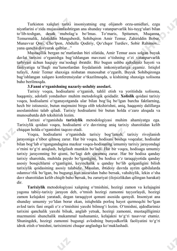 hamda milliy davlatchilik asoslarini mustahkamlashga qaratilgan kuchli davlatdan – kuchli fuqarolik jamiyatiga boqichma-bosqich o‘tish vazifasi qo‘yildi. natijada, mamlakatning siyosiy va iqtisodiy hayotida demokratlashtirish va liberallashtirish jarayonlari chuqurlashdi, inson haq-huquqlari va erkinliklarini himoya qiluvchi mustaqil sud tizimi mustahkamlandi, fuqarolik jamiyati asoslari rivojlandi, fuqarolarning iqtisodiy va siyosiy faolligi ortib bordi. 2017 yildan boshlab yangi, to‘rtinchi bosqichga qadam qo‘ydik. ushbu bosqich demokratik islohotlar va mamlakatni modernizatsiyalash jarayonini yanada chuqurlashtirish bosqichi hisoblanadi. o‘zbekistonda olib borilayotgan islohotlar samarasini yanada oshirish, davlat va jamiyatning har tomonlama va jadal rivojlanishi uchun shart-sharoitlar yaratish, mamlakatimizni modernizatsiya qilish hamda hayotning barcha sohalarini liberallashtirish bo‘yicha ustuvor yo‘nalishlarni amalga oshirish maqsadida o‘zbekiston respublikasi prezidenti sh.mirziyoev tomonidan olib borilayotgan izchil islohotlar, qabul qilingan xarakatlar strategiyasi va boshqa davlat dasturlarini amalga oshirish borasida olib borilayotgan chuqur islohotlar natijalarini o‘rganishga qaratilgan. ushbu bosqich davlat hokimiyati va boshqaruvini yanada demokratlashtirish, xalq davlat uchun emas, davlat idoralari xalq uchun xizmat qilishi kerak tamoyilining ilgari surilishi, xalq …