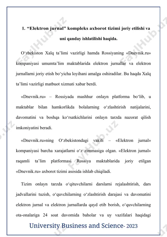rtibi. dasturning o'ziga xos xususiyati dasturni mahalliy va internetda ishlash qobiliyatidir. dastur maktabda mavjud bo'lgan ma'lumotlar bazasi asosida ishlaydi, bu esa maktabni bir nechta ma'lumotlar bazalarini saqlash zaruratidan xalos qiladi. barcha fan o‘qituvchilari faoliyatida elektron sinf jurnalidan foydalanish maktabning yagona axborot maydonini barpo etishni yakunlaydi, unda o‘qituvchilar, ma’muriyat, o‘quvchilar va ularning ota-onalari birlashadi.maqsad “elektron sinf jurnali”ning joriy etilishi o‘quvchilar taraqqiyotini qayd etishning qog‘ozdan elektron shakliga bosqichma-bosqich o‘tish, oddiy hisoblash jarayonlarini avtomatlashtirishdir. · jurnaldan istalgan vaqtda, istalgan joyda internetga ulanish imkoniyati · qulay avtomatlashtirilgan ishlash monitoringi · baholar soni va to'liqligini nazorat qilish · hisoblangan ko'rsatkichlarning taqdimoti (o'rtacha baho, talabalar%, sda va boshqalar) · har qanday hisobotlarni tuzish to'liq avtomatlashtirilgan (shu jumladan qatnashish va etishmayotganlik sabablari) · o'qituvchilar va talabalarning ota-onalari o'rtasida to'g'ridan-to'g'ri muloqot qilish uchun vositalar · uy vazifasi va eslatmalar to'g'ridan-to'g'ri talabaning elektron kundaligiga o'tadi · qo'shimcha elektron materiallarni (fayllarni) taqdim etish imkoniyati · voqealar, jadval o'zgarishlari, almashtirishlar va …