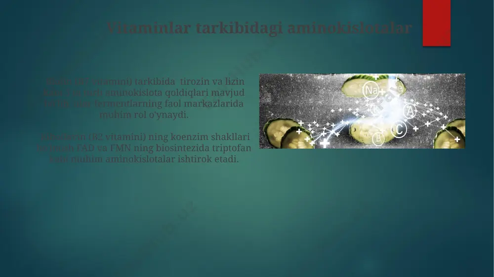 va oqsil sintezida muhim rol o'ynaydi. aminokislotalar yetishmovchiligi aminokislotalar yetishmovchiligi oqsil sintezining pasayishiga, hujayra o'sishining sekinlashishiga va 30 dan ortiq turdagi fermentlar faoliyatining buzilishiga olib kelishi mumkin. aminokislotalar balansining buzilishi, 5-10% ga o'rtacha darajada yetishmovchilik ham organizmdagi metabolik jarayonlarning buzilishiga va surunkali kasalliklar xavfini oshirishga olib kelishi mumkin. gormonlar tarkibidagi aminokislotalar adrenalin va noradrenalin gormonlari fenilalanin aminokislotasidan hosil bo'ladi va ularning biologik faolligi aminokislotaning tarkibi va tuzilishi bilan bog'liq. tiroksin gormoni tarkibida 4 ta yod atomi va tirozin aminokislotasi mavjud bo'lib, uning sintezida tirozin gidroksilasi fermenti muhim rol o'ynaydi. e'tiboringiz uchun rahmat @taqdimot_robot image6.jpg image7.jpg image8.jpg image9.jpg image10.jpg image11.jpg image12.jpg image13.jpg image14.jpg image15.jpg image16.jpg image17.jpg image18.jpg image19.jpg image20.jpg image21.jpg image22.jpg image2.png image3.png image4.png image5.png