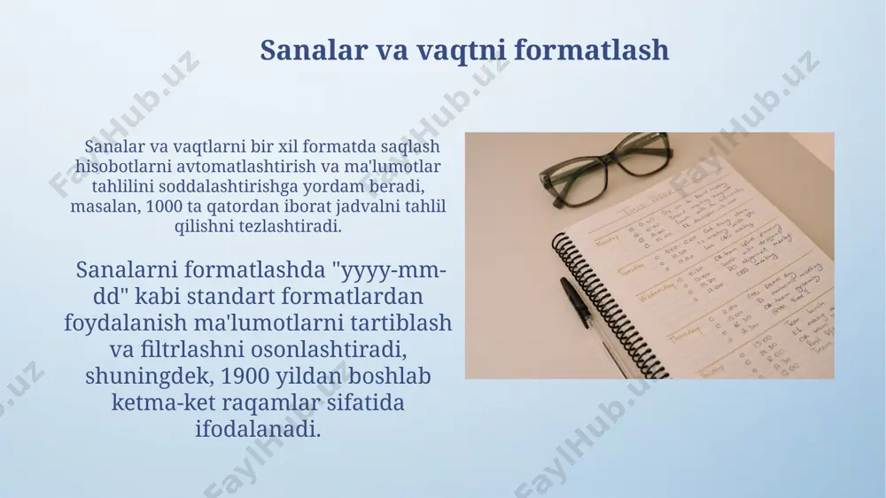 chun uch xonali raqamlarni ajratish uchun nuqta (.) yoki vergul (,) belgilaridan foydalanish mumkin. ba'zi valyuta formatlari avtomatik ravishda ikki yoki undan ortiq o'nlik belgilarni ko'rsatadi, masalan, 1234.5678 ga o'xshaydi. bunday holatda, kerakli aniqlikni saqlash uchun formatni sozlash mumkin. ma'lumotlarni filtrlash va saralash saralash jarayonida siz bir vaqtning o'zida 3 ta ustun bo'yicha – sanalar, raqamlar va matnlar bo'yicha ma'lumotlaringizni tartiblashingiz mumkin, bu murakkab ma'lumotlarni tahlil qilishni ancha osonlashtiradi. filtrlash va saralash funksiyalarini birgalikda qo'llab, siz 5000 ta mahsulot ro'yxatidan faqat 2023-yil noyabr oyida sotilgan, qiymati 1000 dan ortiq bo'lgan mahsulotlarni aniqlashingiz mumkin, bu ma'lumotlarni chuqurroq tahlil qilish imkoniyatini beradi. chegaralar va to'ldirish shartli formatlash vositalaridan foydalanib, 10% dan yuqori foiz ko'rsatkichlarni yashil, 5% dan past ko'rsatkichlarni esa qizil rang bilan ta'kidlash kabi qoidalarni qo'llash orqali, ma'lumotlarni tezkor tahlil qilish va muhim o'zgarishlarni aniqlash mumkin. jadvaldagi ma'lumotlarni chegaralar bilan ajratish uchun turli xil chiziq uslublari (masalan, qalin, nuqta-chiziqli, ikki chiziqli) …