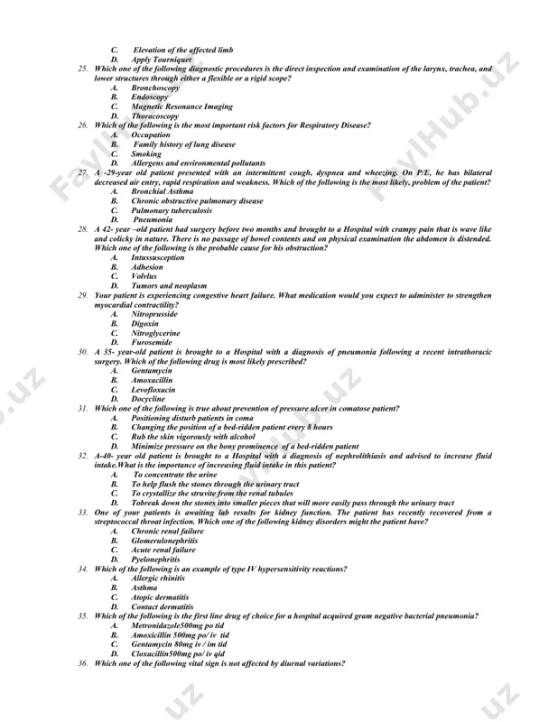 l and undergone abdominal surgery. after two days, the patient’s internal organs were found protruded through the disrupted wound edge. which of the following term most likely describe this finding? a. keloid b. hematoma c. dehiscence d. evisceration 22. which of the following procedure require strict aseptic technique? a. catheterizationb. retention enema c. cleansing enema d. ngt insertion 23. which of the following ratio describes the correct alcohol to glycerin preparation for hand rub? a. 1 : 100 ml b. 2 : 100 ml c. 100 : 2 ml d. 200 : 1 ml 24. a 35- year- old man brought to a hospital with car accident on his lower leg. on physical examination, he has open fracture on it. what is the preferred method to control bleeding on the site? a. direct pressure b. indirect pressure c. elevation of the affected limb d. apply tourniquet 25. which one of …