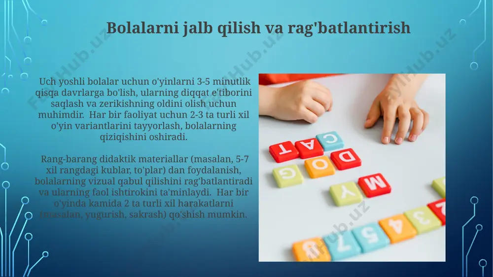 o'rganilgan yangi so'zlar va tushunchalarni mustahkamlash mumkin. guruhdagi o'zaro hamkorlikni rivojlantirish rolli o'yinlar, masalan, “oshpaz va yordamchisi”, bolalar orasida 6-7 ta harakatlarni muvofiqlashtirish va o'zaro munosabatlarni o'rnatishga yordam beradi. bu ularning ijtimoiylashuviga ijobiy ta’sir qiladi. uch yoshli bolalar 2-3 kishilik guruhlarda oddiy topshiriqlarni bajarish orqali o'zaro hamkorlik ko'nikmalarini rivojlantiradilar, masalan, birgalikda lego konstruktor yig'ish yoki rangli bloklarni tasvirga solish. o'yinlarni baholash va tahlil qilish o'yinlarni tahlil qilishda, kamida 3 ta bolaning o'yin davomidagi xatti-harakatlarini kuzatish va ularning hissiy holatini, o'rganish jarayonidagi muvaffaqiyatlarini va qiyinchiliklarini qayd etish orqali ob'ektiv baholashni amalga oshirish lozim. o'yin samaradorligini baholashda, o'yinning bolaning kognitiv (fikrlash), ijtimoiy-emotsional (munosabatlar) va motor (harakat) rivojlanishiga qanday ta'sirini 1-5 ball shkalasi bo'yicha baholab, aniq natijalarga ega bo'lish mumkin. e'tiboringiz uchun rahmat @taqdimot_robot image3.jpg image4.jpg image5.jpg image6.jpg image7.jpg image8.jpg image9.jpg image10.jpg image11.jpg image12.jpg image13.jpg image2.png