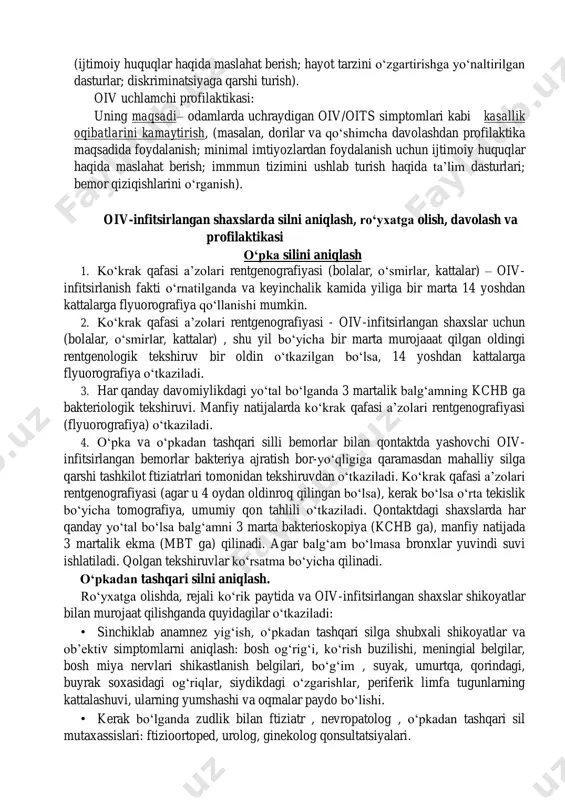 hlardan foydalanilganda umumiy hojatxona va dushlardan foydalanilganda bemorlar bilan basseynda cho‘milganda oziq-ovqatlar va ichimliklar orqali chivinlar va boshqa qon so‘ruvchi hasharotlar orqali 2.3. oiv profilaktikasi birlamchi ikkilamchi uchlamchi oiv birlamchi profilaktikasi: o‘z ichiga sog‘lom odamlarning oiv bilan zararlanishinining oldini olish uchun faoliyat turini (masalan, jinsiy hayotni tartibga solish, prezervativlarni ishlatish haqida targ‘ibot o‘tkazish va ishlatilgan ninalarni almashtirishni targ‘ibot qilish) aniqlashni o‘z ichiga oladi. oiv ikkilamchi profilaktikasi: aholining moyil guruhlarida oiv bilan zararlanishning oldini olish va oiv- musbat shaxslar hayot sifatini ushlab turish ga yo‘naltirilgan faoliyatga qaratilgan (ijtimoiy huquqlar haqida maslahat berish; hayot tarzini o‘zgartirishga yo‘naltirilgan dasturlar; diskriminatsiyaga qarshi turish). oiv uchlamchi profilaktikasi: uning maqsadi– odamlarda uchraydigan oiv/oits simptomlari kabi kasallik oqibatlarini kamaytirish, (masalan, dorilar va qo‘shimcha davolashdan profilaktika maqsadida foydalanish; minimal imtiyozlardan foydalanish uchun ijtimoiy huquqlar haqida maslahat berish; immmun tizimini ushlab turish haqida ta’lim dasturlari; bemor qiziqishlarini o‘rganish). oiv-infitsirlangan shaxslarda silni aniqlash, ro‘yxatga olish, davolash va profilaktikasi o‘pka silini …