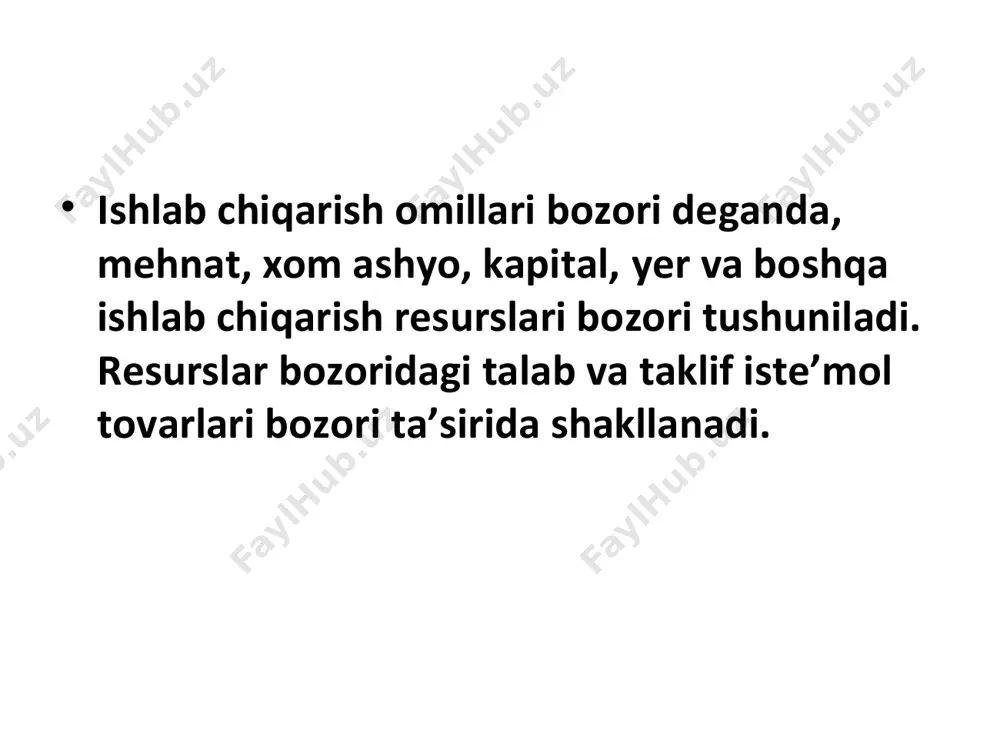 gik liniya, bino, qurilma); aylanma kapital (har bir ishlab chiqarish tsiklida o’z qiymatini tayyor mahsulot qiymatiga o’tkazadigan ishlab chiqarish resurslari, xom ashyo, materiallar, yarim fabrikatlar va hokazolar). * asosiy kapitaldan uzoq muddatda foydalaniladi va u o’z qayta takror ishlab chiqaradi, ya’ni u ishlatilishi davomida o’z qiymatini ma’lum qismini mahsulot qiymatiga o’tkazadi. aylanma kapital bir tsikl davomida o’zining butun qiymatini mahsulot qiymatiga o’tkazib qayta tiklanadi. * jismoniy eskirish - bu kapitalning vaqt o’tishi bilan ishga yaroqsiz bo’lishi bo’lsa, ma’naviy eskirish uning unumdorligining kamayishi, ya’ni yangi ishlab chiqarilgan zamonaviy uskunalarga qaraganda unumdorligining pastligi, yoki umuman barcha ko’rsatkichlari bo’yicha (mahsulot sifati, foydalanishga qulayligi) yangi uskunadan orqada qolganligidir. * suda foizi - kapital egasiga uning kapitalidan ma’lum muddat oralig’ida foydalanganligi uchun to’lanadigan narxdir xarajat va daromadlarni bir xil boshlang’ich vaqtga keltirish hisob-kitoblariga diskontirlash deyiladi. loyiha deganda, ma’lum maqsadga erishish uchun qilinadigan resuslar investitsiyasi tushuniladi. * investitsiya - daromad olish uchun qo’yiladigan kapital mablag’. investitsiyalash …
