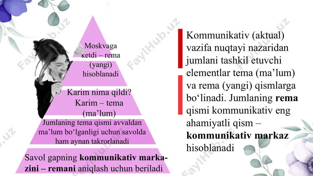 (panfilov, toropova, abdullayev va b.), inkor bildiruvchi affikslarning (panfilov), reduplikatsiyaning (shevyakova, abdullayev) aktuallashiruvchilik vazifasini ko‘rsatadilar. turkiy tillarda ham gap bo‘laklarining tartibi erkindir. tartibning grammatik vazifa bajarishi juda cheklangan. chunki har bir gap bo‘lagining grammatik shakli uning grammatik vazifasini ko‘rsatib turadi. masalan: men kecha moskvadan keldim turkiy tillarda aktuallashgan bo‘lakning 2 xil o‘rni ko‘rsatiladi.. k.m.abdullayevning ta’kidlashicha, turkiy tillarda aktuallashgan bo‘lakning, ya’ni remaning 2 xil o‘rniborligini 1) kesimdan oldingi o‘rni, 2) gapning oxiri va shunga ko‘ra aktuallashishning 2 darajasi – kuchli va kuchsiz aktuallashish mavjud ekanligini ta’kidlaydi. o‘zbek tilida ayrim bo‘laklar (masalan, ega va kesim) aktuallashishning faqat bir darajasiga – kuchli darajasiga ega. ega aktuallashuvining kuchli darajasi uchun gapning oxirgi o‘rni xarakterlidir. prosodik aktuallashtiruvchi vositalar mantiqiy urg‘u va u bilan bog‘liq bo‘lgan nutq tempi va pauza. emfatik urg‘u – ovoz tembri asosiy rol o’ynaydi. hayajon hissi, mehr hissi, salbiy his. leksik va grammatik aktuallashtiruvchi vositalar – ham, faqat, yolg‘iz, hatto, o‘zi so’zlari, …