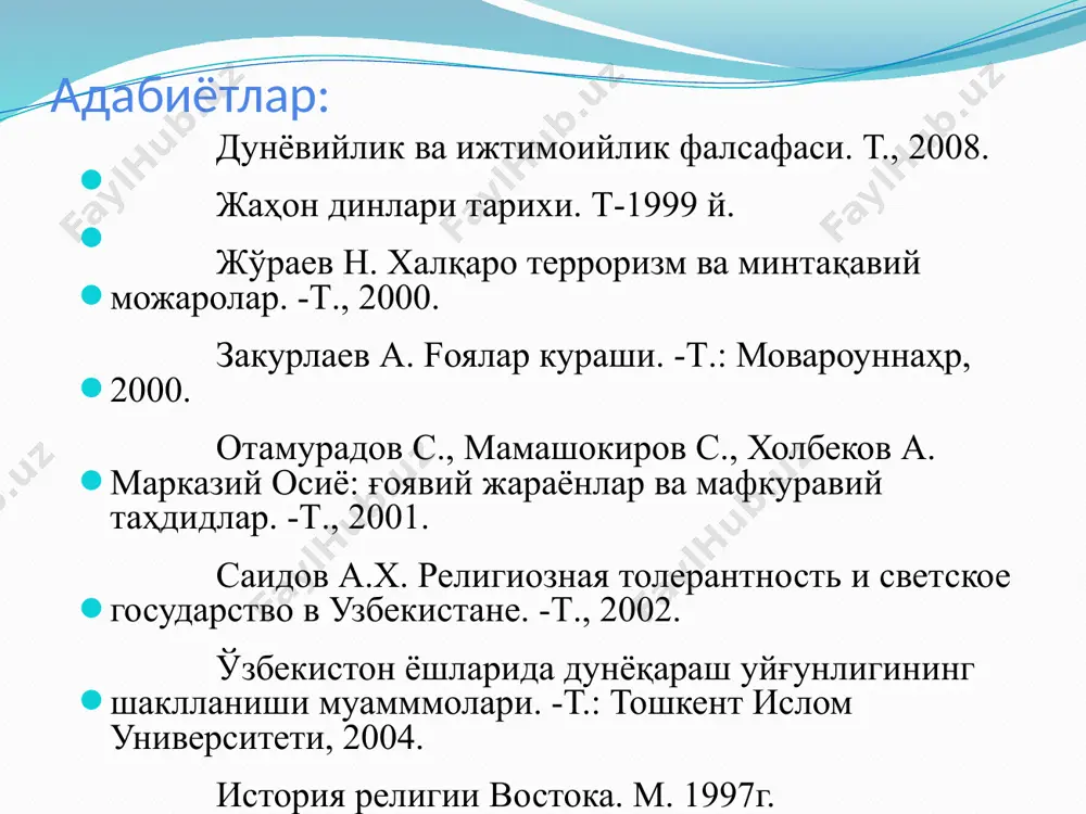 амалий қисмдан иборат 11 меди-тация ахлоқ доно-лик м е д и т а ц и я тўғри тушуниш тўғри ният қилиш тўғри ўзини тутиш тўғри англаш тўғри ҳаракат қилиш тўғри муомалада бўлиш тўғри фикр юритиш тўғри гапириш а х л о қ қотилликдан сақланиш ўғриликдан сақланиш гумроҳликдан сақланиш ёлғон, қалбаки нарсалардан сақланиш маст қилувчи нарсалардан сақланиш тушдан кейин овқатланишдан сақланиш ўйин-кулгудан сақланиш зебу-зийнат, атир-упалардан сақланиш д о н о л и к бу буддавийликнинг асосий мақсади бўлиб, нарсалар табиатини тўғри тушуниш будда ўз шогирдлари билан буддавийлик эрамизнинг i асрида хитойга, iv асрда кореяга, vi асрда японияга, vii асрда тибетга, xiii асрдан xvi асргача монголияга, xvii асрдан xviii асргача бурятия ва тувага, xix-xx асрларда америка ва европа қитъаларига кириб борган. хитой манбаларининг гувоҳлик беришича буддавийлик хитой ҳудудига кириб боришида диёримиздан борган будда олимларининг ҳиссаси катта бўлган. тахминан 30 га яқин даъватчи олимлар хитойнинг турли шаҳарларида будда таълимотини ёйганлар. ҳанузгача самарқанд, бухоро …