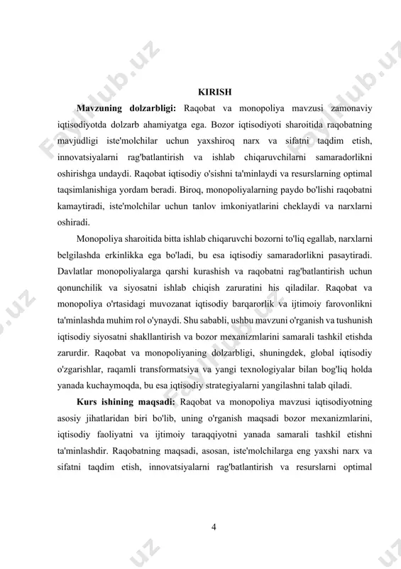 ladi. raqobatning mohiyati, uning turlari, iqtisodiy tizimdagi roli va ta'siri, shuningdek, zamonaviy iqtisodiy sharoitlarda raqobatning o‘zgarishi haqida kengroq ma'lumot beramiz. raqobat tushunchasi, ilk avval, iqtisodiy nazariyalar va amaliyotlarda muhim ahamiyatga ega bo‘lgan bir qator tamoyillarni o‘z ichiga oladi. raqobat, asosan, bozorni tashkil etuvchi sub'ektlar o‘rtasidagi munosabatlar orqali ifodalanadi. u iste'molchilar va ishlab chiqaruvchilar o‘rtasida, shuningdek, bir xil tovar yoki xizmatni taklif etuvchi kompaniyalar o‘rtasida yuzaga keladi.[footnoteref:1] raqobat jarayonida har bir ishtirokchi o‘z manfaatlarini ko‘zlaydi, bu esa bozorni yanada dinamik va samarali qiladi. [1: abdurazzokov, m. (2021). iqtisodiy raqobat va uning tahlili. toshkent: iqtisodiyot va tadbirkorlik universiteti. ] raqobatning iqtisodiy mohiyati uning resurslarni taqsimlashdagi rolidan kelib chiqadi. iqtisodiyotda cheklangan resurslar mavjud bo‘lib, ularni samarali ishlatish zarur. raqobat, ishlab chiqaruvchilarni ko‘proq samaradorlikka undaydi, chunki ular iste'molchilar uchun eng yaxshi narx va sifatni taqdim etish uchun kurashadilar. bu esa natijada bozorni diversifikatsiyalash va innovatsiyalarni joriy etishga olib keladi. raqobatning iqtisodiy tizimdagi o‘rni juda …