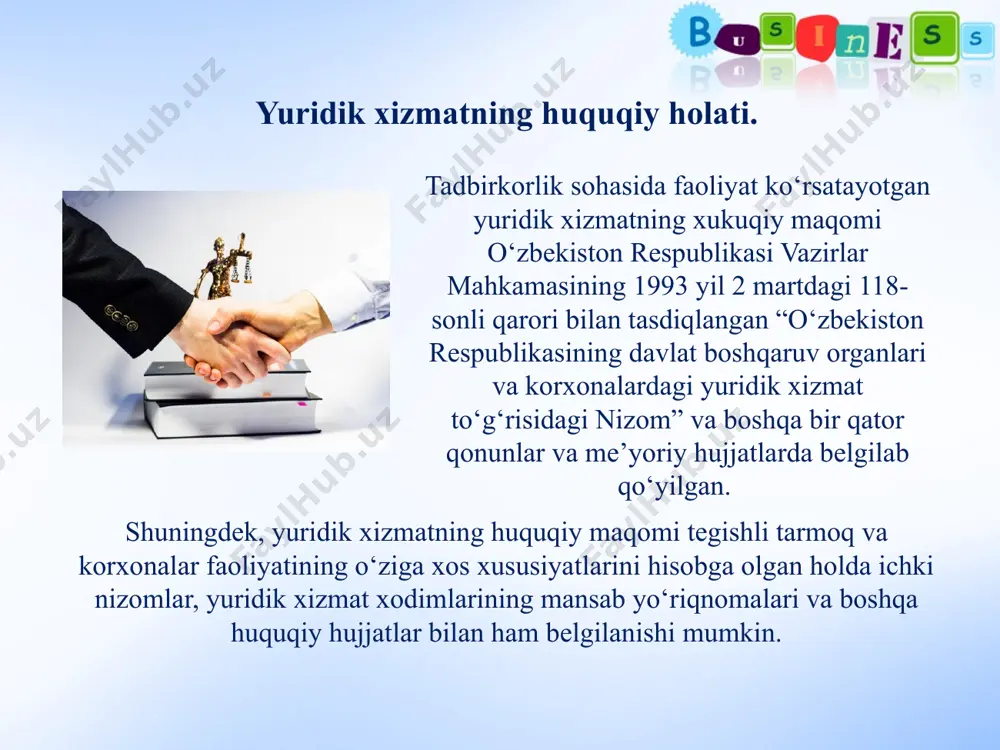 gini aniqlash va izohlash bilan chegaralanish oson bo‘lar edi, biroq uning vazifasi murakkabroq bo‘lib, yuridik xizmat loyiha muallifi va rahbarga masalani qonunan qanday hal qilish lozimligini ko‘rsatib berish, lozim bo‘lganida esa, zarur ta’riflarni asoslab berishi kerak. korxona huquqiy aktlarining, ularning amaldagi qonunga muvofiqligi to‘g‘risidagi yuridik xizmatning vizasi bo‘lmasa, chiqarilishiga yo‘l qo‘yilmaydi. viza deganda yuridik xizmat xodimining loyihadagi imzosi va tekshirilgan sana tushuniladi. yuridik xizmat birinchidan, amaldagi qonunlar va me’yoriy hujjatlarni tartibli hisobga olish va saqlashni tashkil qilgan holda ularni to‘g‘ri qo‘llanilishini ta’minlash choralarini ko‘radi; ikkinchidan, iqtisodiyotni yanada erkinlashtirish va islohotlarni chuqurlashtirish talablaridan kelib chiqqan holda qonunlar va me’yoriy hujjatlarga qo‘shimcha va o‘zgartishlar kiritish haqida takliflar tayyorlashda faol ishtirok etadi; uchinchidan, xo‘jalik shartnomalari loyihalarini tayyorlash, uni tuzish va ijrosini nazorat qilishga oid ishlarda qatnashadi; to‘rtinchidan, xo‘jalik yurituvchi subyektlar faoliyatiga noqonuniy aralashuvlarni oldini olish bo‘yicha tegishli huquqiy chora-tadbirlarni ko‘radi, sudda va boshqa organlarda korxona manfaatlarini himoya qiladi. huquqiy tarbiya ishlarini amalga oshirishda …