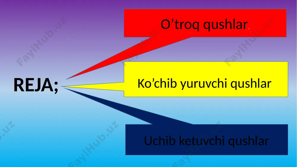 i ham mumkin. qushlarni halqalash. qishlov joyi, uchib ketish yo‘li, tarqa lishi va umr ko‘rishini aniqlash maqsadida qushlar halqalanadi. buning uchun qushning oyog‘iga halqalash markazining manzili yozilgan yengil halqa kiydirilib uchirib yuboriladi. halqalangan qushni tutib olgan kishi halqani yechib olib, uni xat orqali ko‘rsatilgan manzilga yuborishi kerak. halqalash orqali o‘rta osiyo laylaklarining shimoliy hindistonda, yevropa laylaklari ning janubi-sharqiy tropik afrikada; bulbullarning tropik afrikada, qaldirg‘ochlarning afrika va hindistonda qishlashi aniqlangan. quyidagi uychaga faqat o’troq qushlarni joylashtiring qushlar guruhini va ular uchun xos xususiyatlarni juftlab yozing. a) o‘troq; 1) bizda kuzda va bahorda uchraydi; b) ko‘chib yuruvchi; 2) ayrim turlari oziq g‘amlaydi; d) uchib ketuvchi; 3) bahorda uchib kelib, uya quradi; e) uchib o‘tuvchi. 4) o‘z joyini sekin-asta o‘zgartiradi. e’tiboringiz uchun rahmat image1.png image2.jpg image3.jpg image4.emf image5.png image6.png image7.png image8.png image9.png image10.png image11.emf image12.emf image13.emf image14.png image15.emf image16.jpg image17.jpeg image18.jpeg image19.png image20.png image21.png image22.png image23.png image24.jpeg image25.jpg /docprops/thumbnail.jpeg