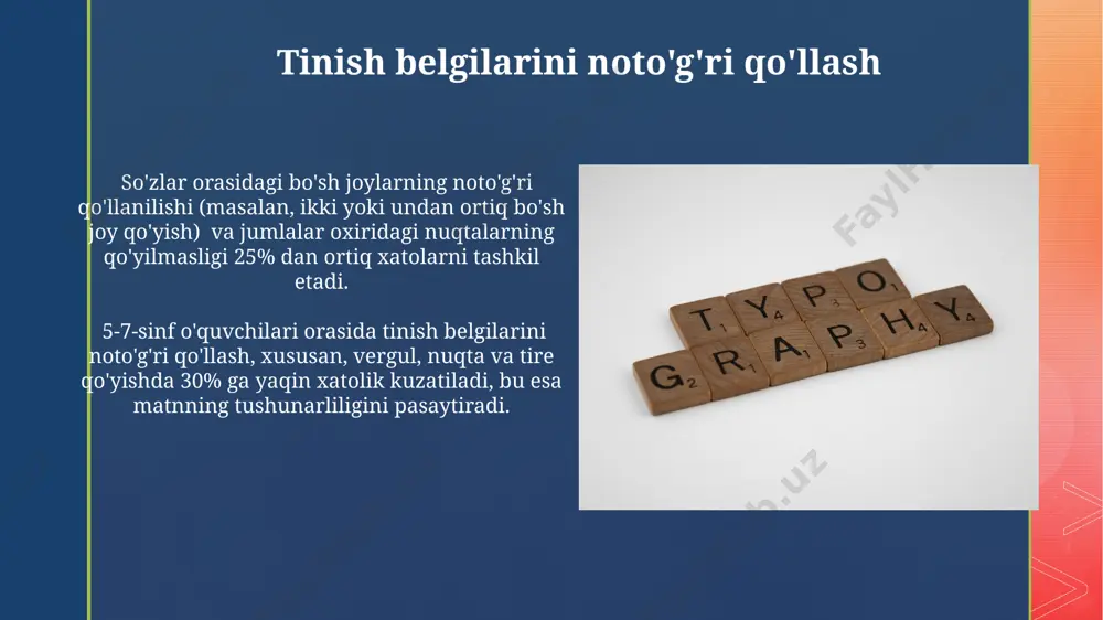 ik tuzilishga ega bo'lgan so'zlarning (masalan, qo'shimchalar bilan) noto'g'ri yozilishi, o'rta va yuqori sinf o'quvchilarida 35% ga yaqin xatolarni tashkil etadi. o'quvchilarning 60% dan ortig'i fonetik transkripsiya xatolariga, ya'ni eshitilganidek yozishga moyil bo'lib, bu 20% ga yaqin so'zlarning noto'g'ri yozilishiga olib keladi. undosh tovushlarni noto'g'ri yozish so'z oxiridagi undoshlarni to'g'ri yozmaslik, xususan, "g", "k", "x" tovushlari ko'pincha tushirib qoldiriladi yoki noto'g'ri yoziladi; bu 25% ga yaqin xatolarni tashkil etadi. undosh tovushlarni bir-biriga aralashtirish, masalan, "p" va "b", "t" va "d" tovushlarini farqlamaslik, 30% gacha bo'lgan xatolarga olib kelishi mumkin. bunday xatolar fonetik o'xshashlik tufayli yuz beradi. e'tiboringiz uchun rahmat @taqdimot_robot image4.jpg image5.jpg image6.jpg image7.jpg image8.jpg image9.jpg image10.jpg image11.jpg image12.jpg image13.jpg image14.jpg image2.png image3.png