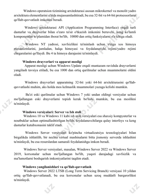 keng ko'lamli komponentlar to'plamidan iborat bo'lib, 10000 dan ortiq funksiyalarni o'z ichiga oladi. windows nt yadrosi, xavfsizlikni ta'minlash uchun o'ziga xos himoya mexanizmlarini, jumladan, halqa himoyasi va foydalanuvchi rejimi/yadro rejimi chegaralarini qo'llaydi. bu 4 ta himoya darajasini ta'minlaydi. windows drayverlari va apparat mosligi apparat mosligi uchun windows update orqali muntazam ravishda drayverlarni yangilash tavsiya etiladi, bu esa 1000 dan ortiq qurilmalar uchun muammolarni oldini oladi. windows drayverlari apparatning 32-bit yoki 64-bit arxitekturasini qo'llab-quvvatlashi muhim, aks holda mos kelmaslik muammolari yuzaga kelishi mumkin. ba'zi eski qurilmalar uchun windows 7 yoki undan oldingi versiyalar uchun mo'ljallangan eski drayverlarni topish kerak bo'lishi mumkin, bu esa moslikni ta'minlaydi. windows versiyalari: server va ish stoli windows 10 va windows 11 kabi ish stoli versiyalari esa shaxsiy kompyuterlar va noutbuklar uchun optimallashtirilgan bo'lib, foydalanuvchilarga qulay interfeys va keng dasturlar kutubxonasini taklif etadi. windows server versiyalari ko'pincha virtualizatsiya texnologiyalari bilan birgalikda ishlatilib, bir nechta virtual mashinalarni bitta …