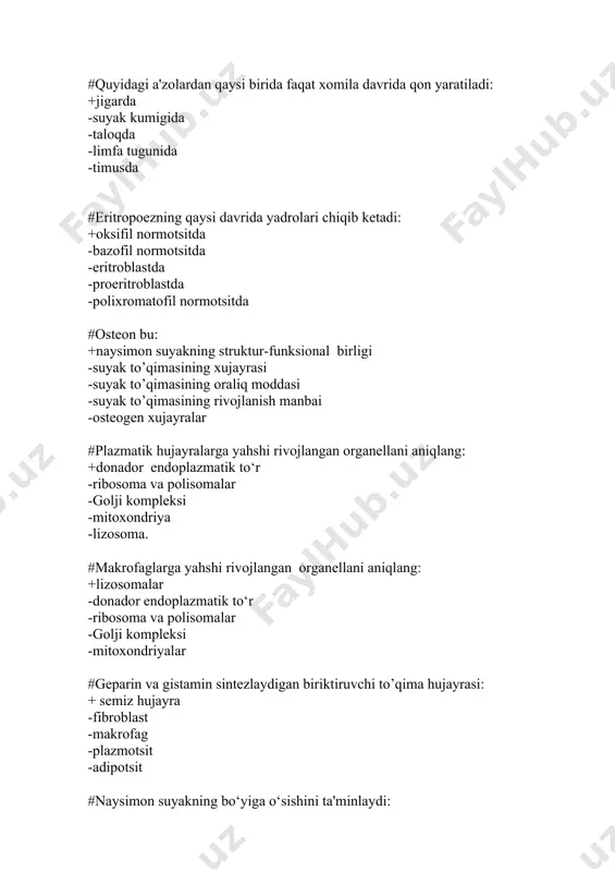 hi yadrolar #orqa miyaning oraliq qismida farqlanadi: +medial va lateral oraliq o‘zaklar -xususiy va medial oraliq o‘zaklar -dorsal, medial valateral oraliq o‘zaklar -xususiy, dorsal, lateral oraliq o‘zaklar -dorsal, lateral va xususiy oraliq o‘zaklar #intramural chigaldagi gangliylarda joylashgan: +efferent, afferent va assotsiativ neyronlar -efferent va assotsiativ neyronlar -maxalliy reflektor yoyningassotsiativ xujayralari -assotsiativ va afferent neyronlar -uzun o‘simtali effektor va assotsiativneyronlar #miyacha po‘stlog’ida quyidagi qavatlar farqlanadi: +molekulyar, ganglionar,donador -molekulyar, piramidasimon, donador -molekulyar, ganglionar, polimorf -molekulyar, noksimon, piramidasimon -molekulyar, tashqiva ichki donador #vegatativ nerv sistemasidagi gangliylarning taraqqiyot manbaasi: +ganglioz plastinka -nerv naychasining dumg’aza qismi -oldingi miya pufagi -entoderma -plakodlar #qanday afferent tolalar miyachaning noksimon hujayralarida tugaydi: +lianasimon -moxsimon -moxosimon va lianasimon -golji hujayralarining aksonlari -yulduzsimon hujayralarning aksonlari #arteriyalar ta'rifining asosiy mezoni asoslangan: +silliq mushak hujayralari va elastik tolalarning o‘zaro munosabatiga -arteriyalarning organizmda joylashuviga -arteriya diametriga -ichki elastik membrananing bo‘lishiga -tashqielastik membrananing bo‘lishiga #oraliq disklar mos keladi: +qisqaruvchi kardiomiotsitlar chegarasiga -o‘tkazuvchi kardiomiotsitlar chegarasiga -miofibrillalarni …