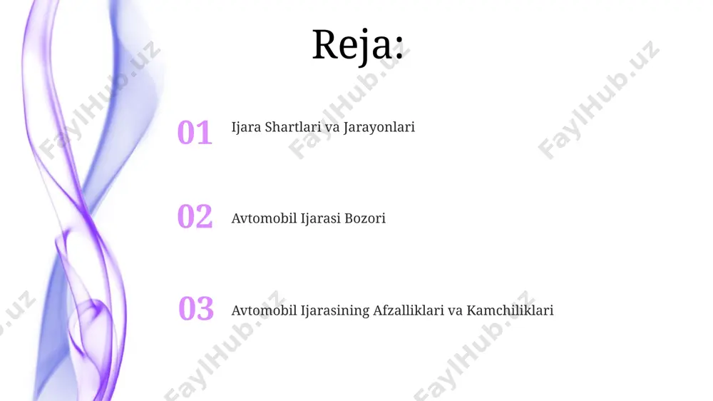 loyatlilik ballari beriladi va 100 ball to'plash orqali keyingi ijaraga 10% chegirma olishadi. turli xil avtomobillar va ularning narxlari turli xil avtomobillarni ijaraga olish narxlari, avtomobilning yili va holatiga qarab, kuniga 30$ dan 150$ gacha o'zgarib turadi, bu yerda sug'urta narxi alohida hisoblanadi. kichik sinf avtomobillari (matiz, spark) kunlik ijarasi 30-50$ atrofida, biznes sinf (malibu, optima) esa 80-120$ oralig'ida taklif etiladi. qo'shimcha xizmatlar narxni oshirishi mumkin. ijara avtomobilini boshqarish qoidalari yo'l-transport hodisasi sodir bo'lganda, darhol 102 raqamiga qo'ng'iroq qilish va sug'urta kompaniyasiga xabar berish shart. avtomobilni qaytarishda, yoqilg'i bakini kamida 1/4 qismiga to'ldirish kerak, aks holda 1 litr uchun 2000 so'm miqdorida qo'shimcha to'lov undiriladi. tez-tez beriladigan savolar avtomobilni 3 kundan kam muddatga ijaraga olishda qo'shimcha to'lovlar mavjudmi va ular qancha? batafsil ma'lumotni shartnoma va narxlar ro'yxatidan topishingiz mumkin. kuniga o'rtacha 100 km dan ortiq masofani bosib o'tish uchun qo'shimcha to'lovlar bormi? kilometraj cheklovi 100km. ortiqcha masofa uchun qo'shimcha to'lovlar …